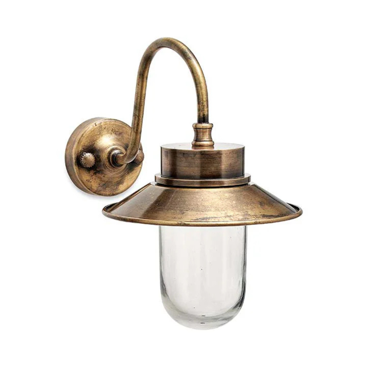 a brass outdoor wall light with metal shade