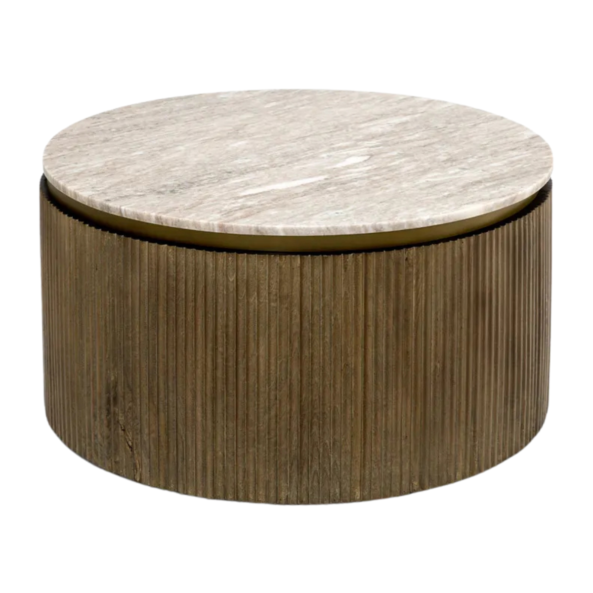a round wooden coffee table with a grey marble top