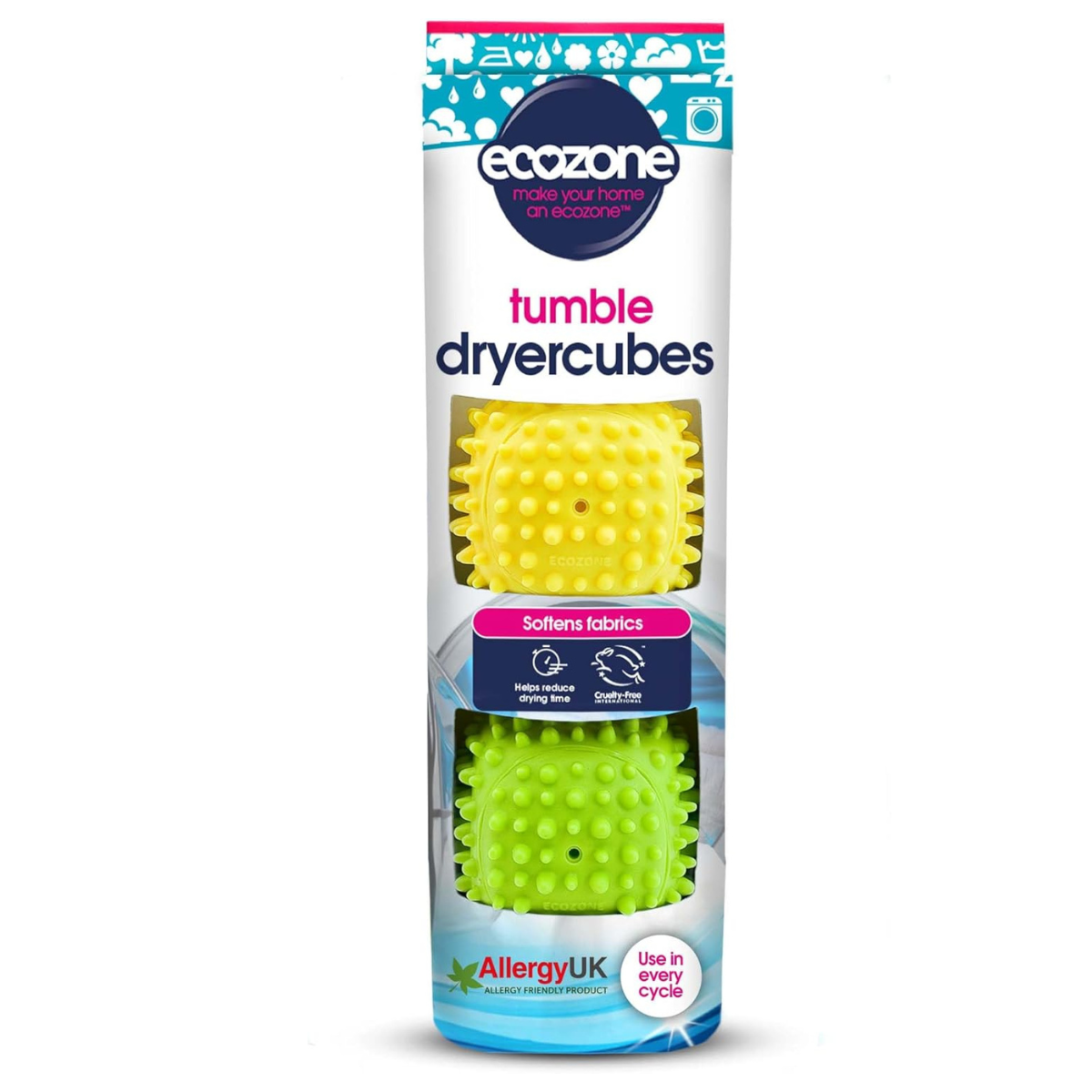 a pack of two green and yellow tumble dryer cubes