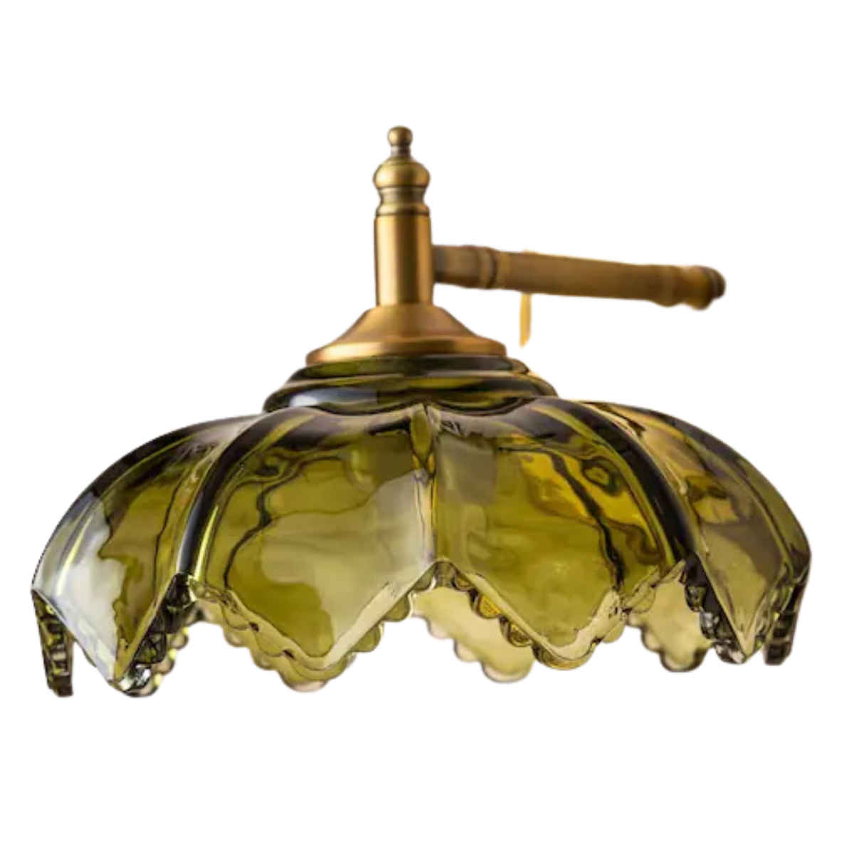 a wall sconce with a green palm leaf shape glass lampshade
