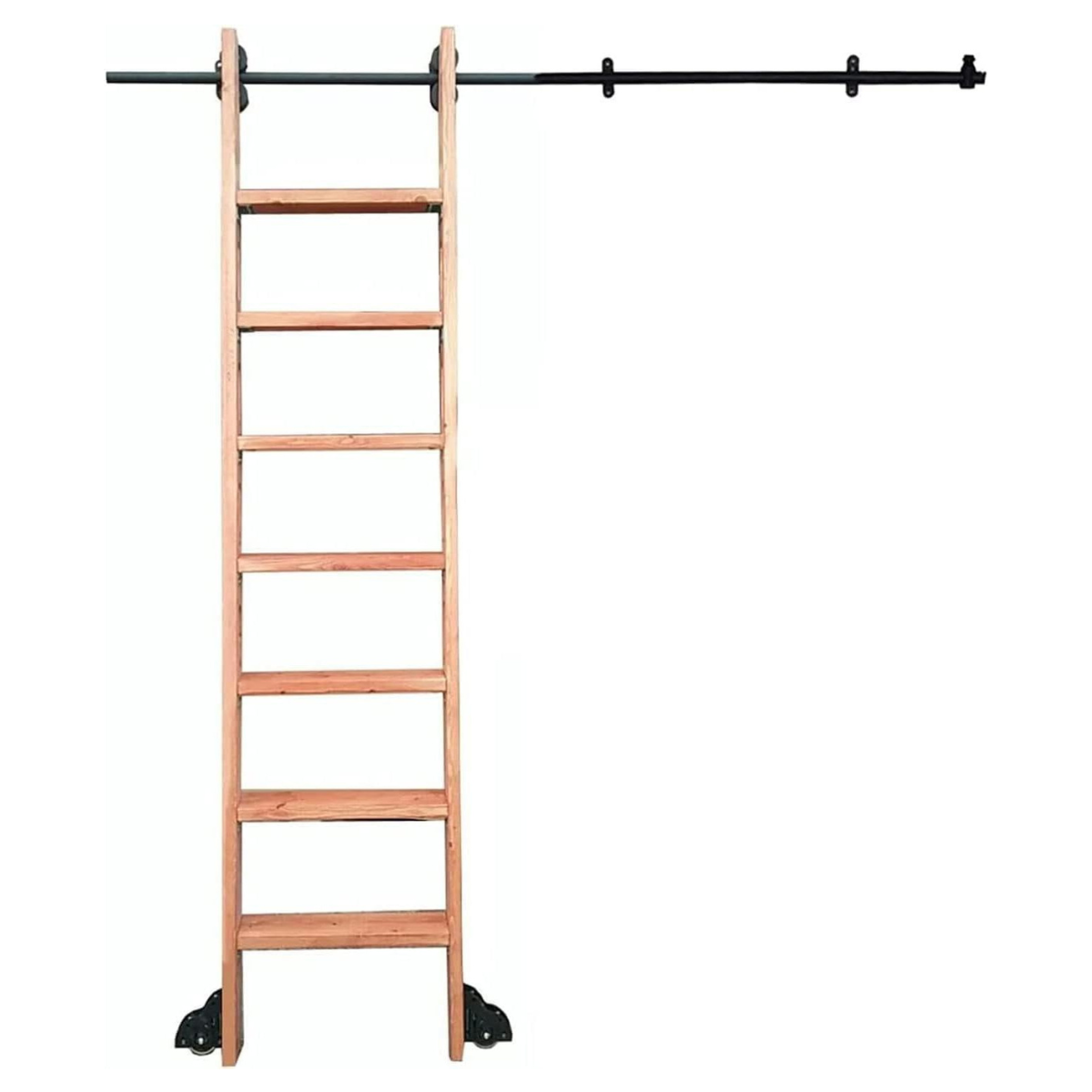 a wooden library ladder with black hardware