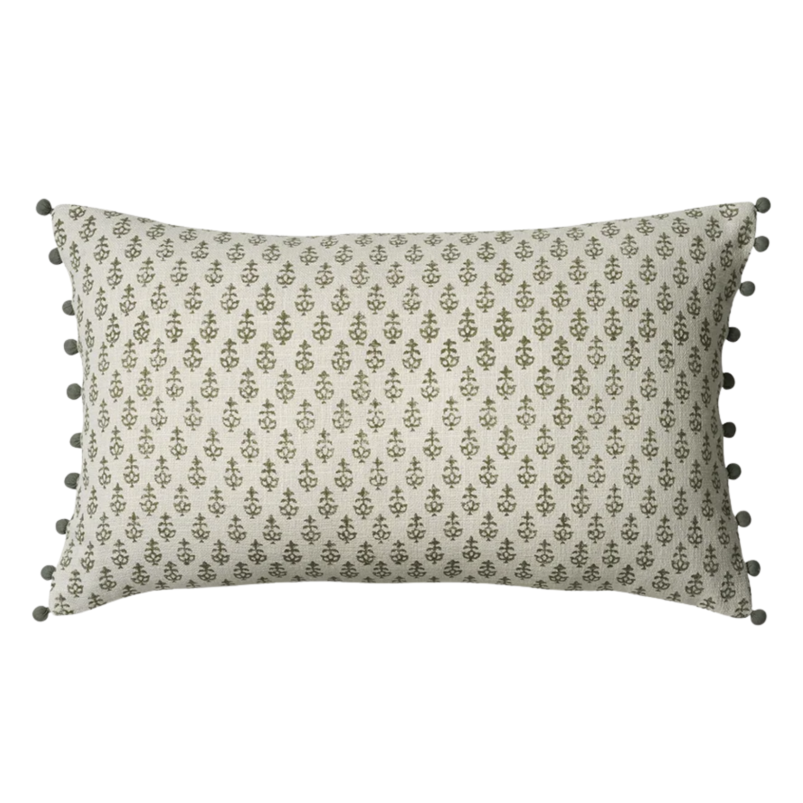 a green leaf block print cushion with pom poms