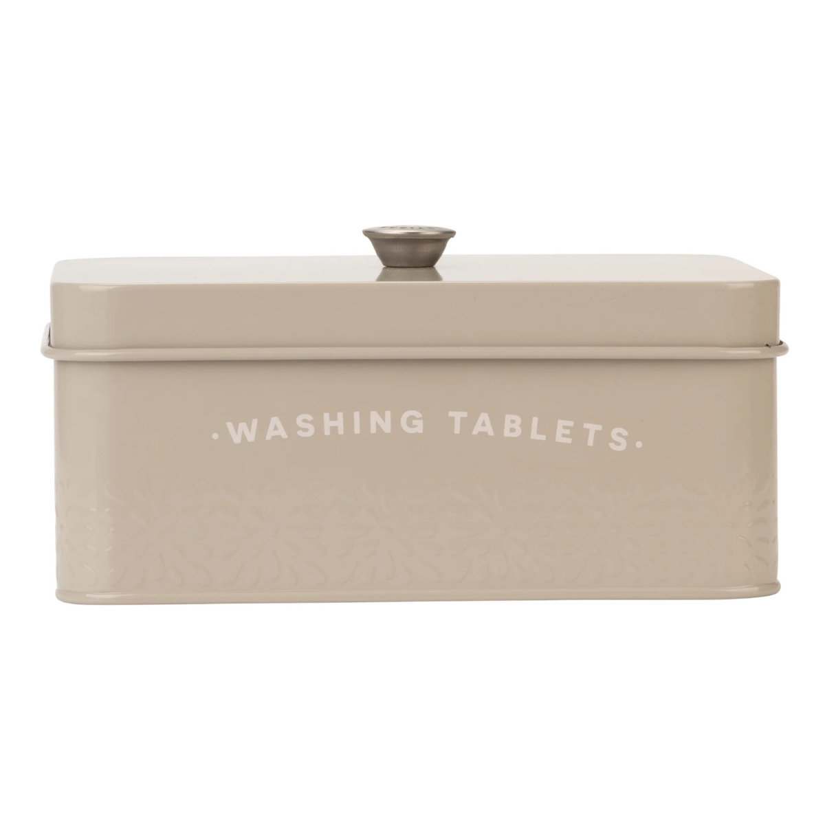 a beige rectangle washing tablet box with a lid