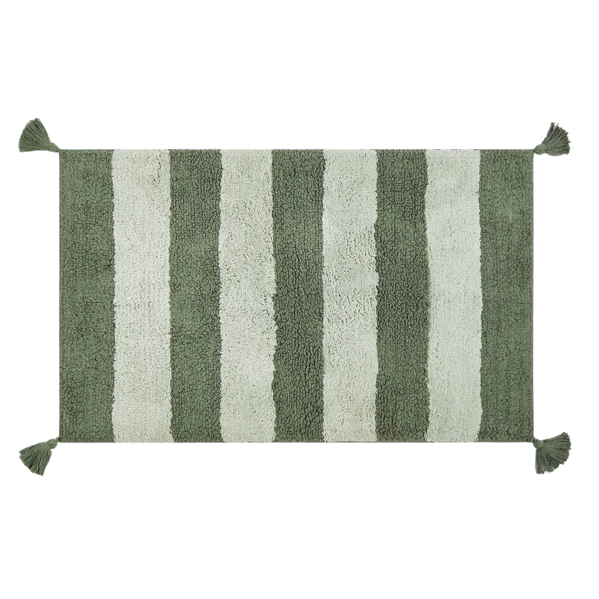green striped bath mat with tassel corners