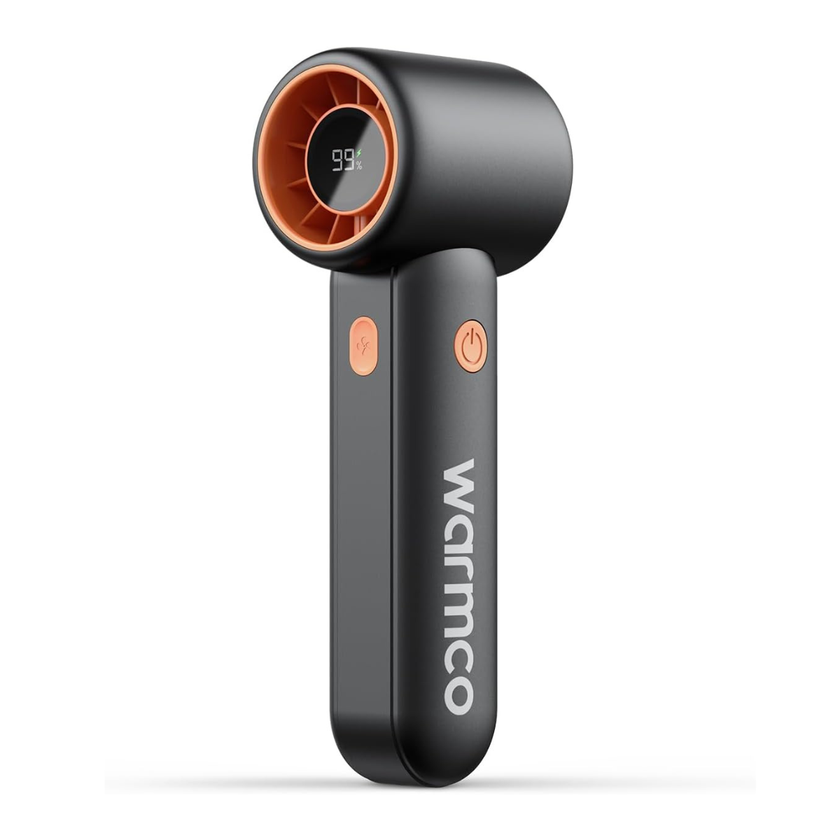 a black and orange handheld fan