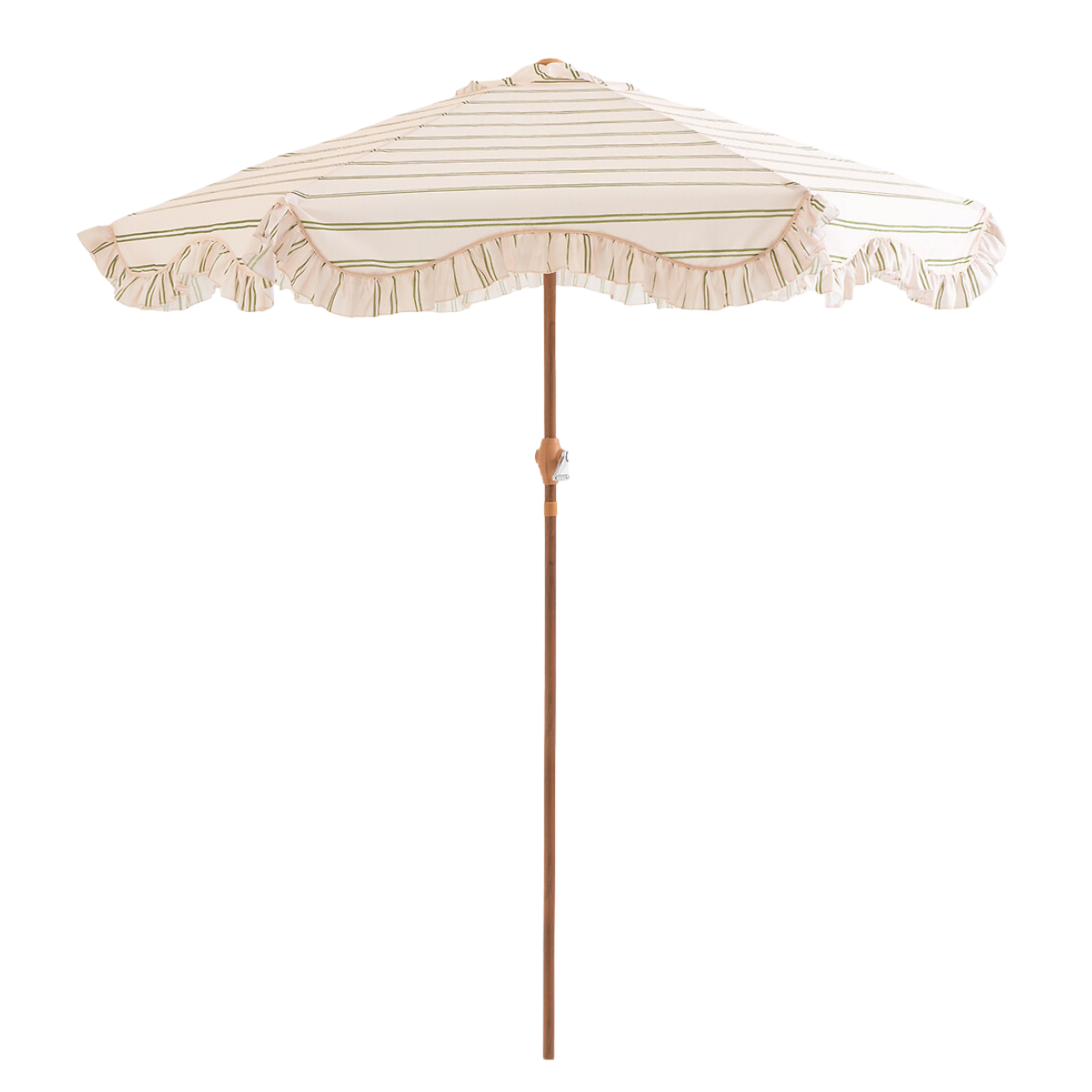 a cream parasol with green and pink stripes with a ruffled trim and a wooden pole