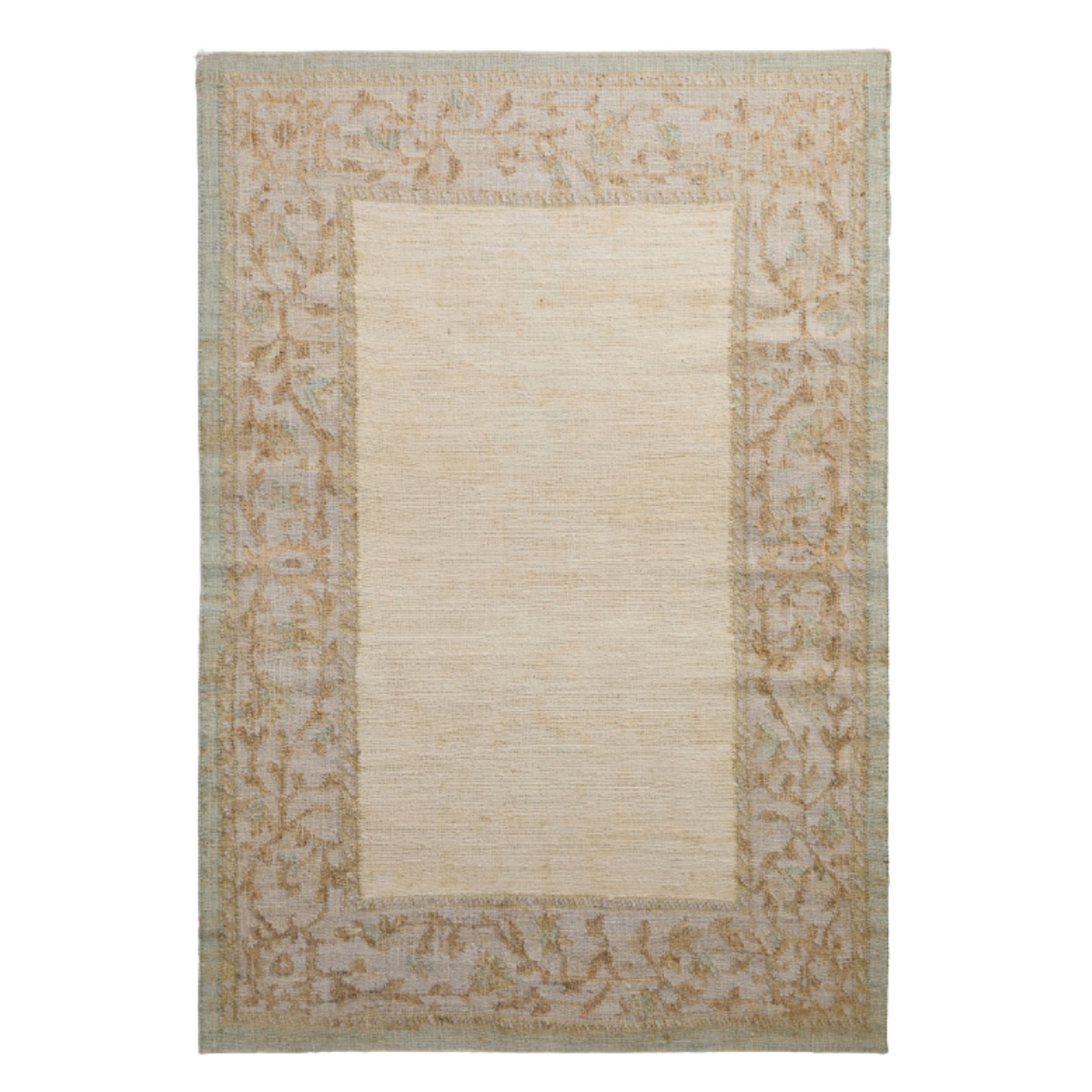a neutral jute rug with a subtle floral border