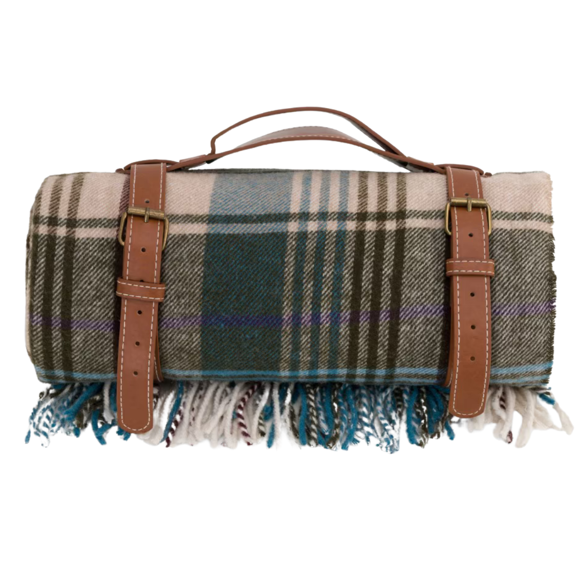 a grey and blue check wool picnic blanket with brown leather straps and long handle