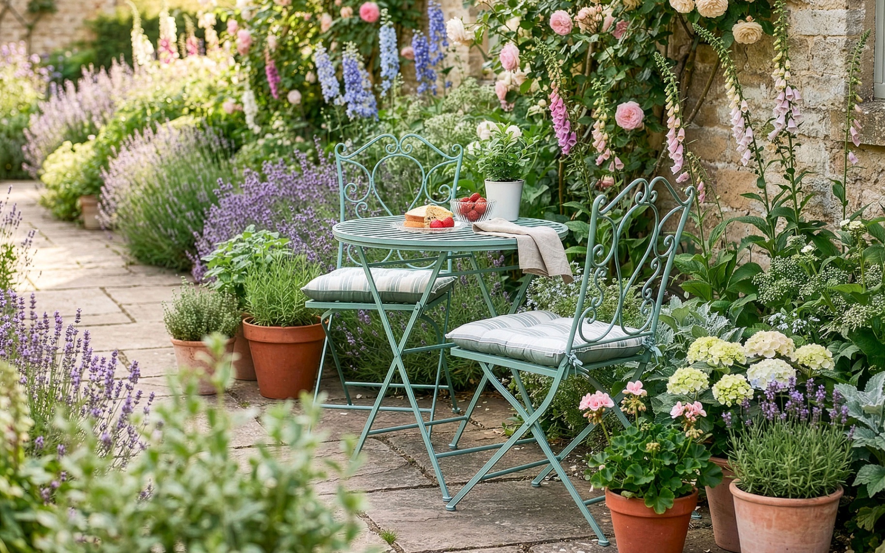 a green metal bistro set with a cake and a flower pot on the table, surrounded by lots of greenery and colourful flowers