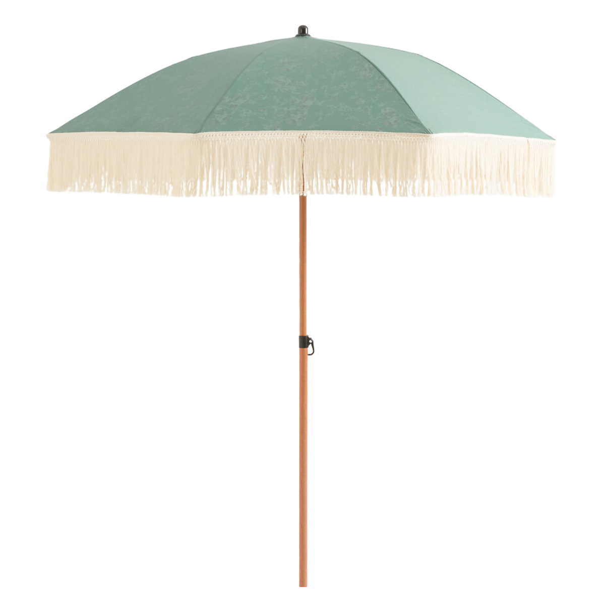 a green parasol with cream fringing