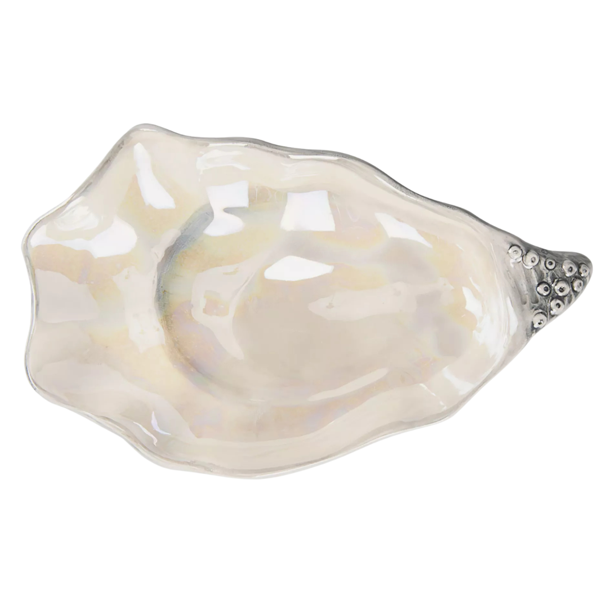 a mother of pearl platter plate in the shape of an oyster