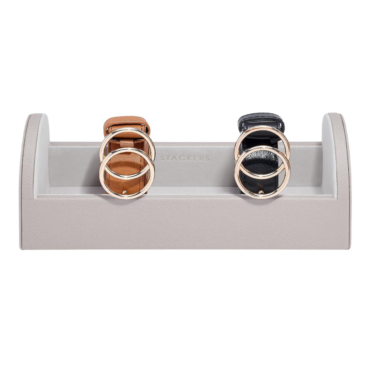beige leather belt organiser with one brown and gold belt and one black and gold belt