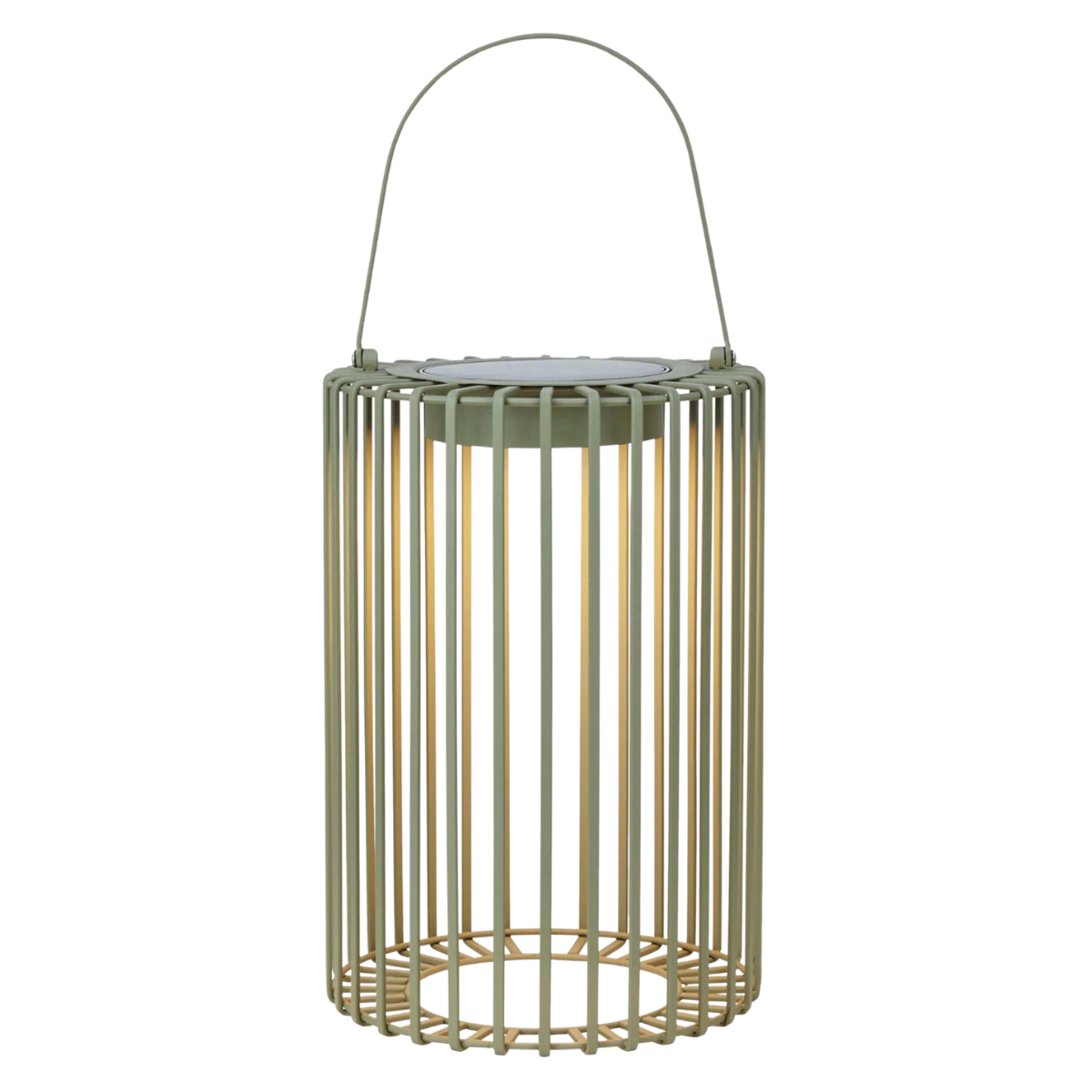 a sage green caged solar lantern