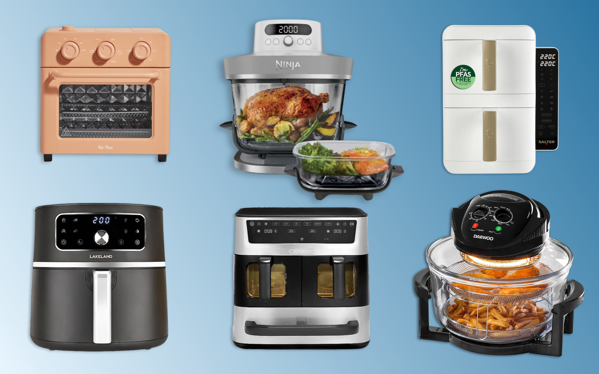 a selection of 6 of the best non-toxic air fryers, including our place, ninja, salter, lakeland, cuisinart and daewoo