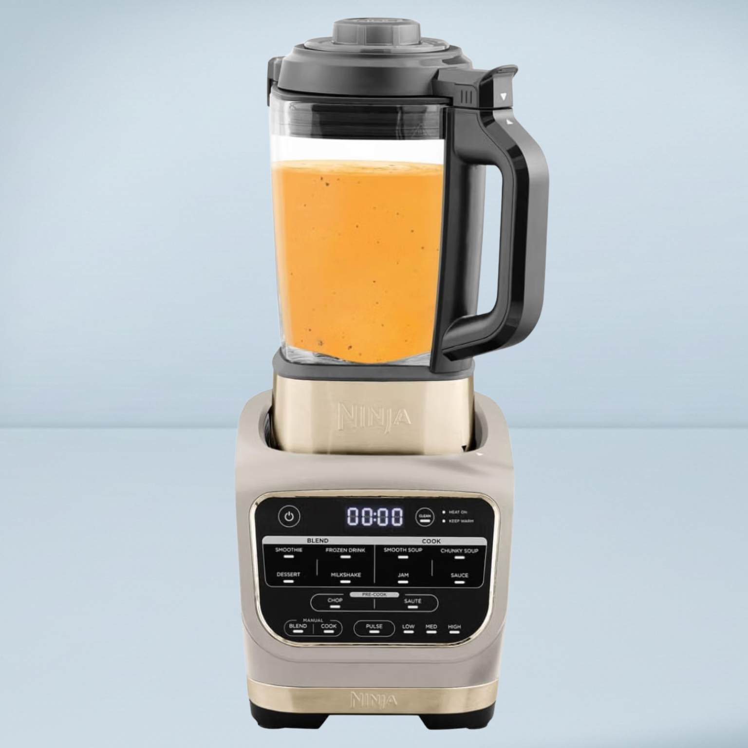 ninja soup make and blender with orange soup inside