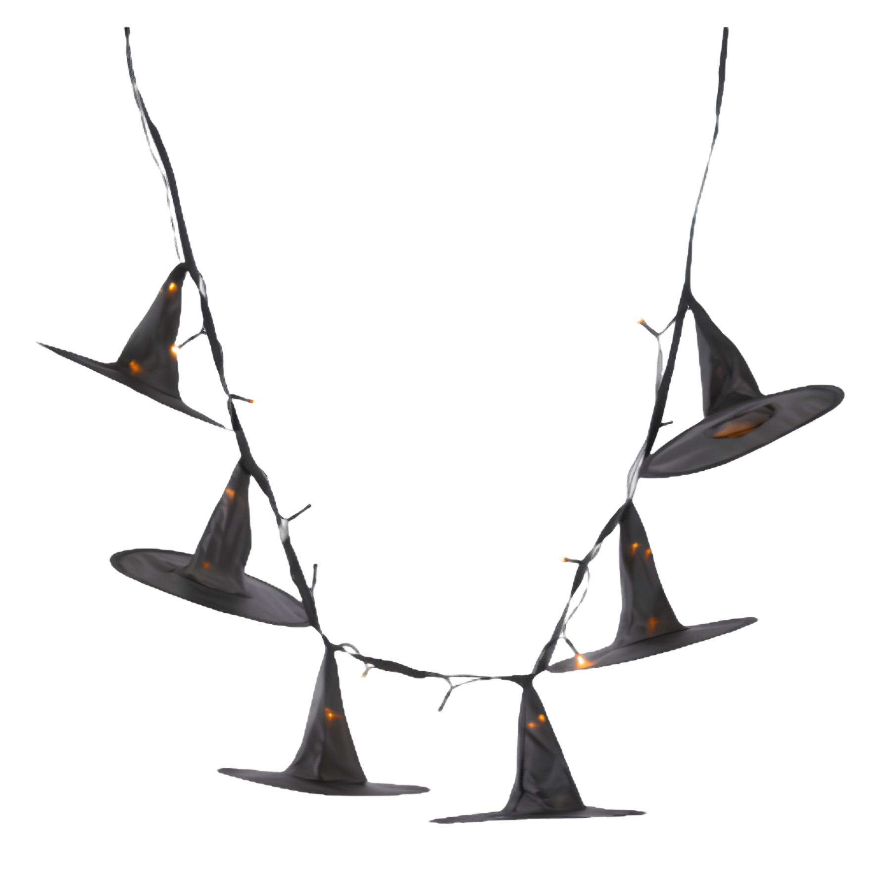 a garland of black witches hats with LED lights 