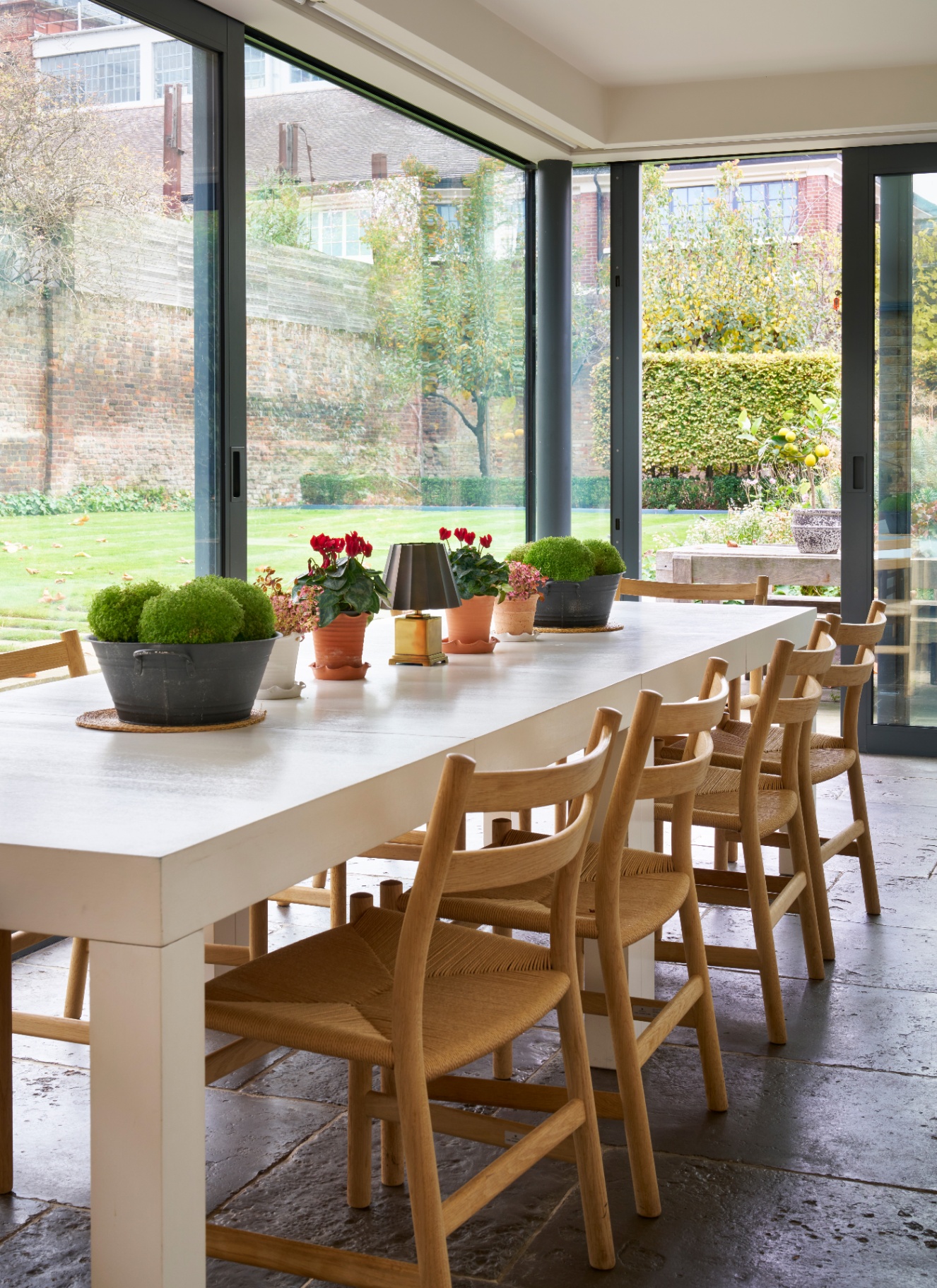 a long white dining table with wooden dining chairs and a row of houseplants on top