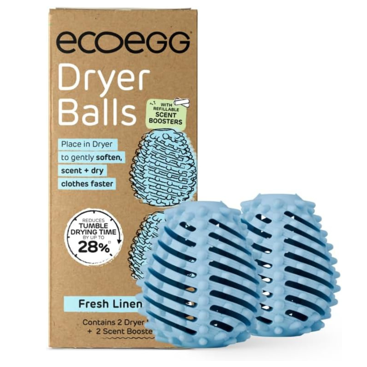 a pack of two blue ecoegg dryer balls and a brown box