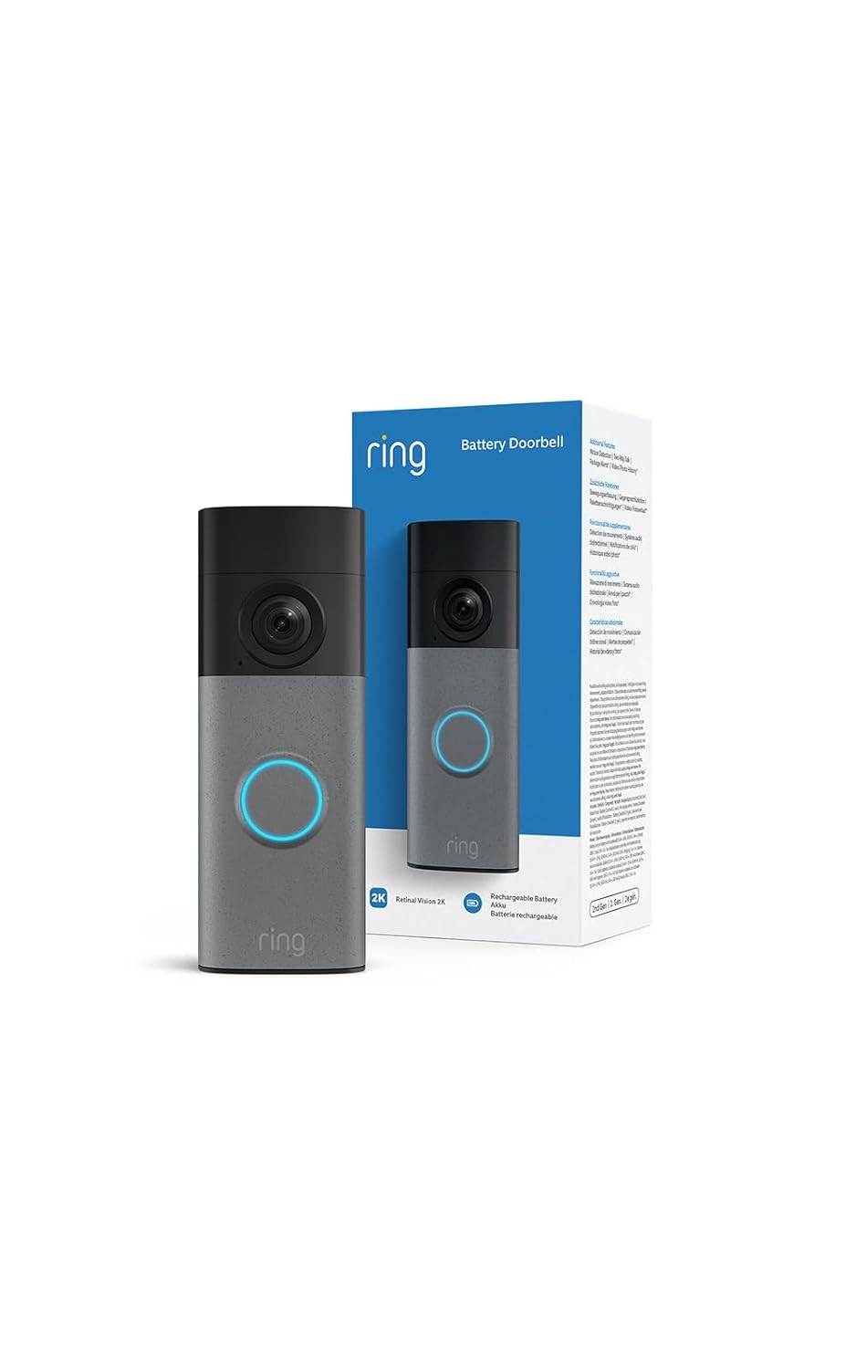 Ring Battery Video Doorbell (newest gen) pictured with box on a white background