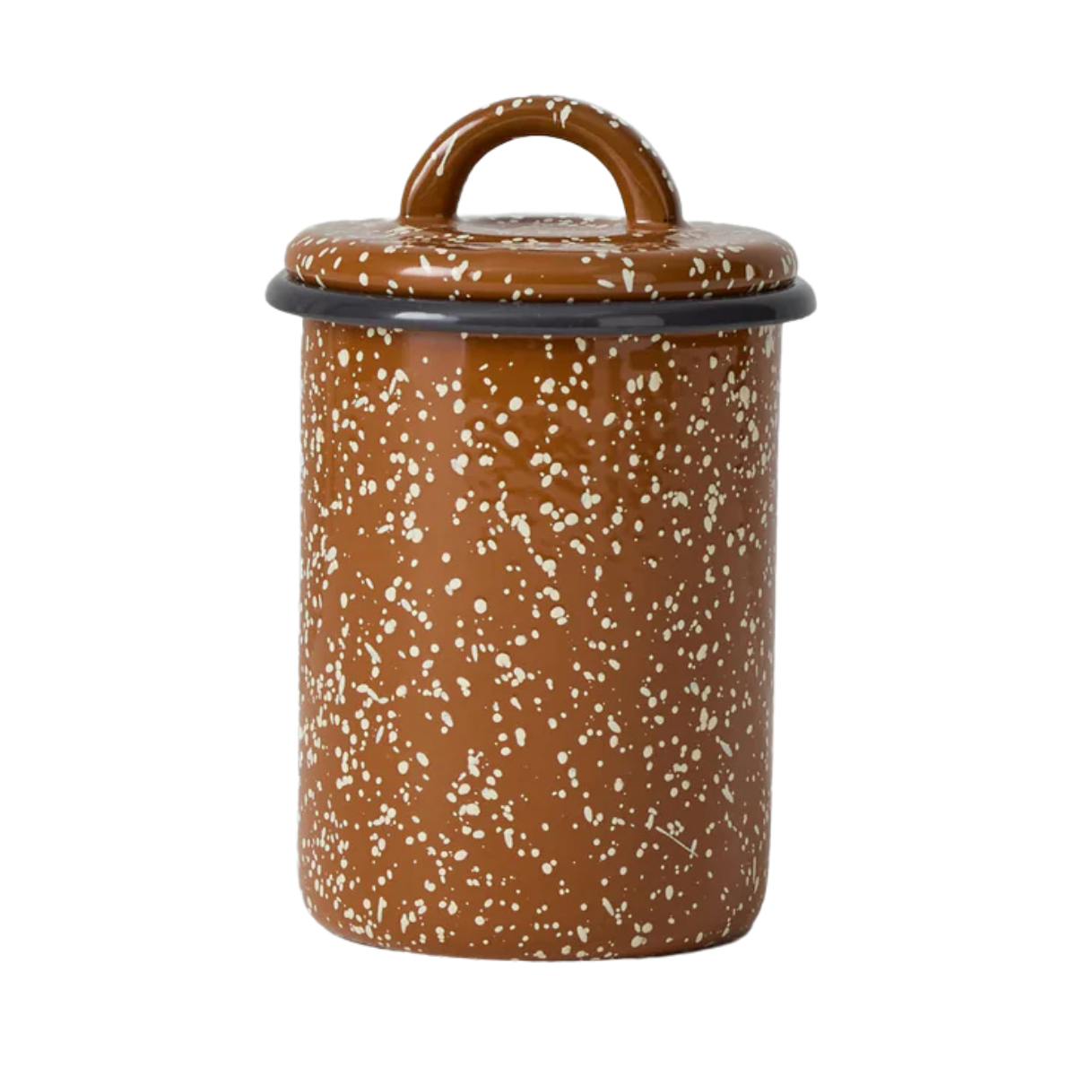 brown enamel jar with white speckles