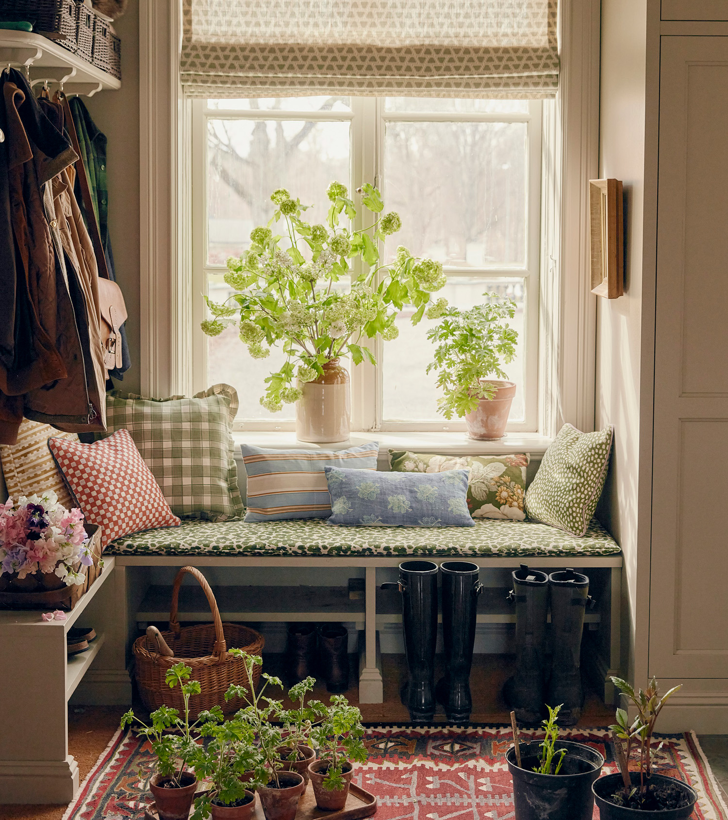 a boot room area with a window seat filled with cushions, two plants on the window sill and plants on the look on a red rug