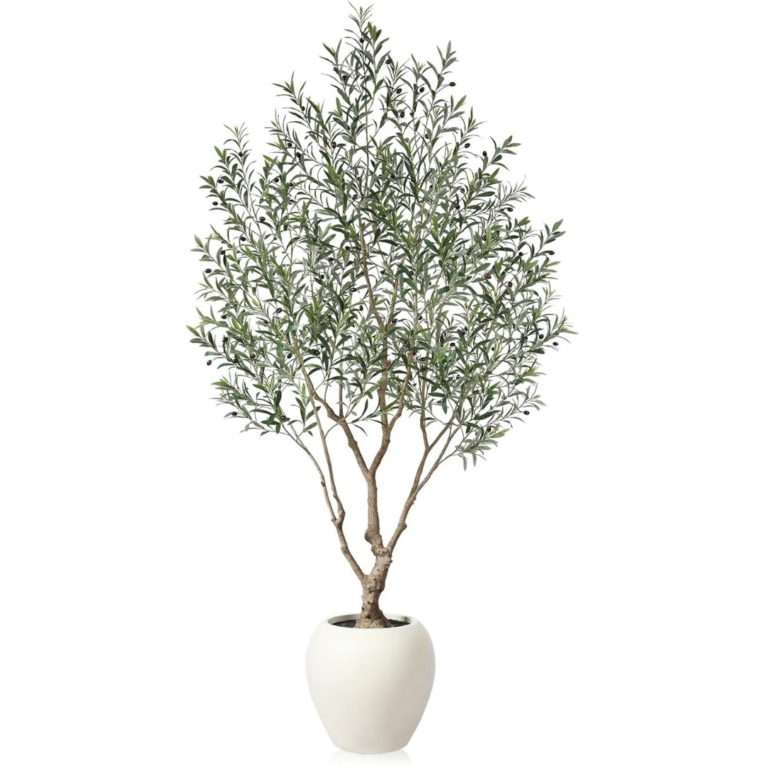 Faux Olive Tree pictured greek inspired decor on a white background