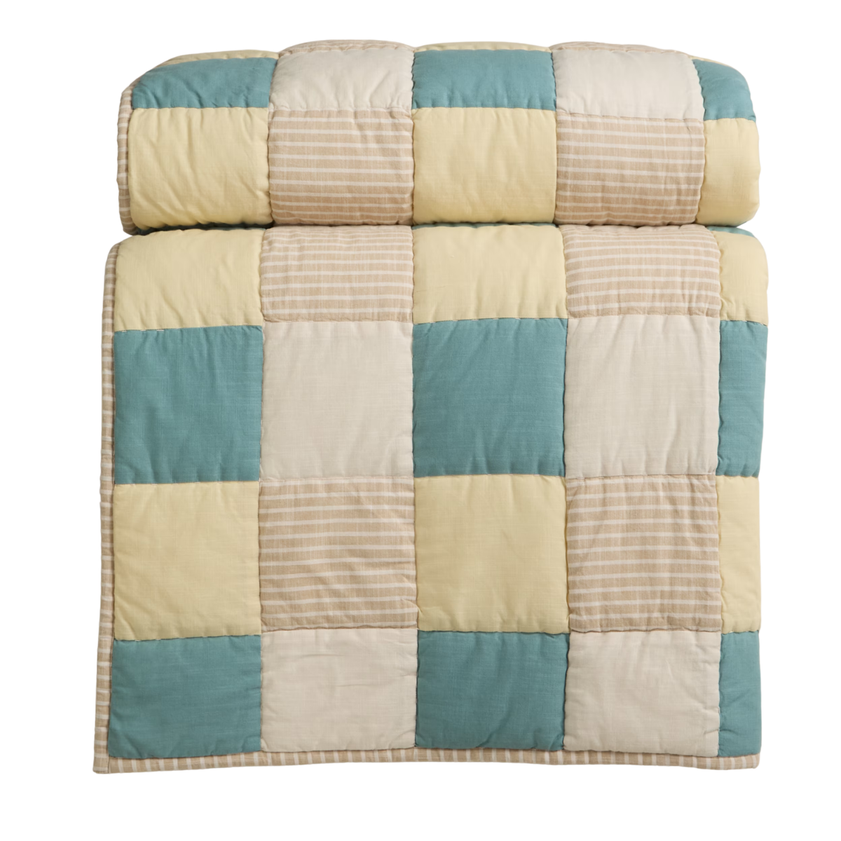 A PATCHWORK QUILT WITH yellow, cream, blue and stripe squares