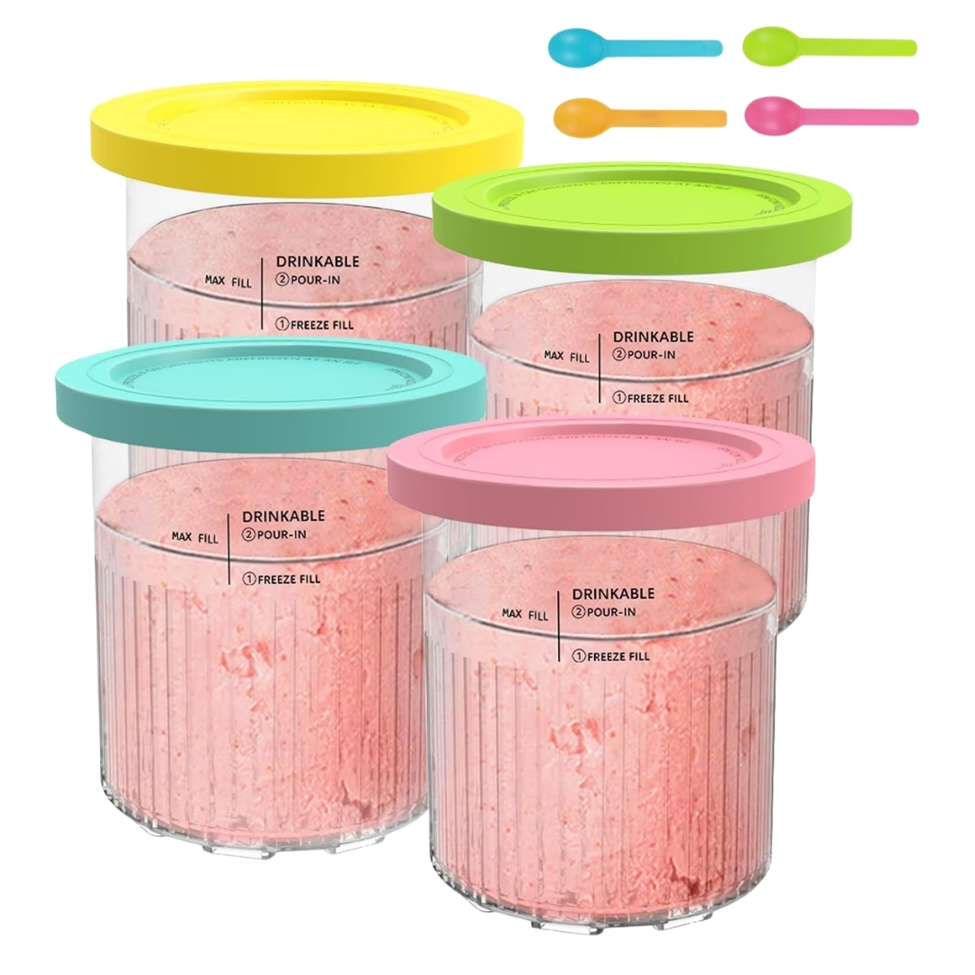 Hejo Ice Cream Tubs for Ninja Creami pictured a set of four with different colour lids filled with ice cream on a white background