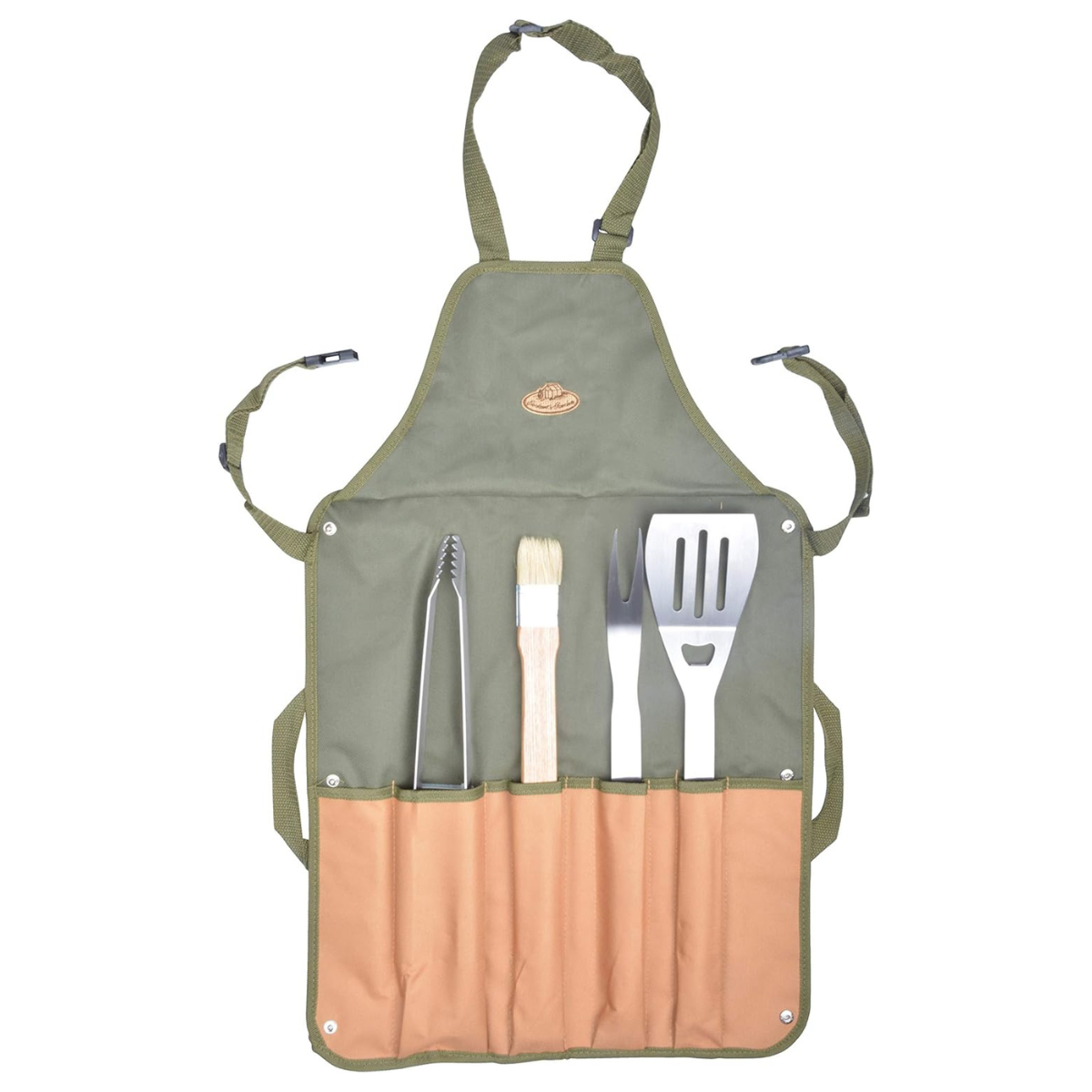 a light green apron with 4 bbq tools inside