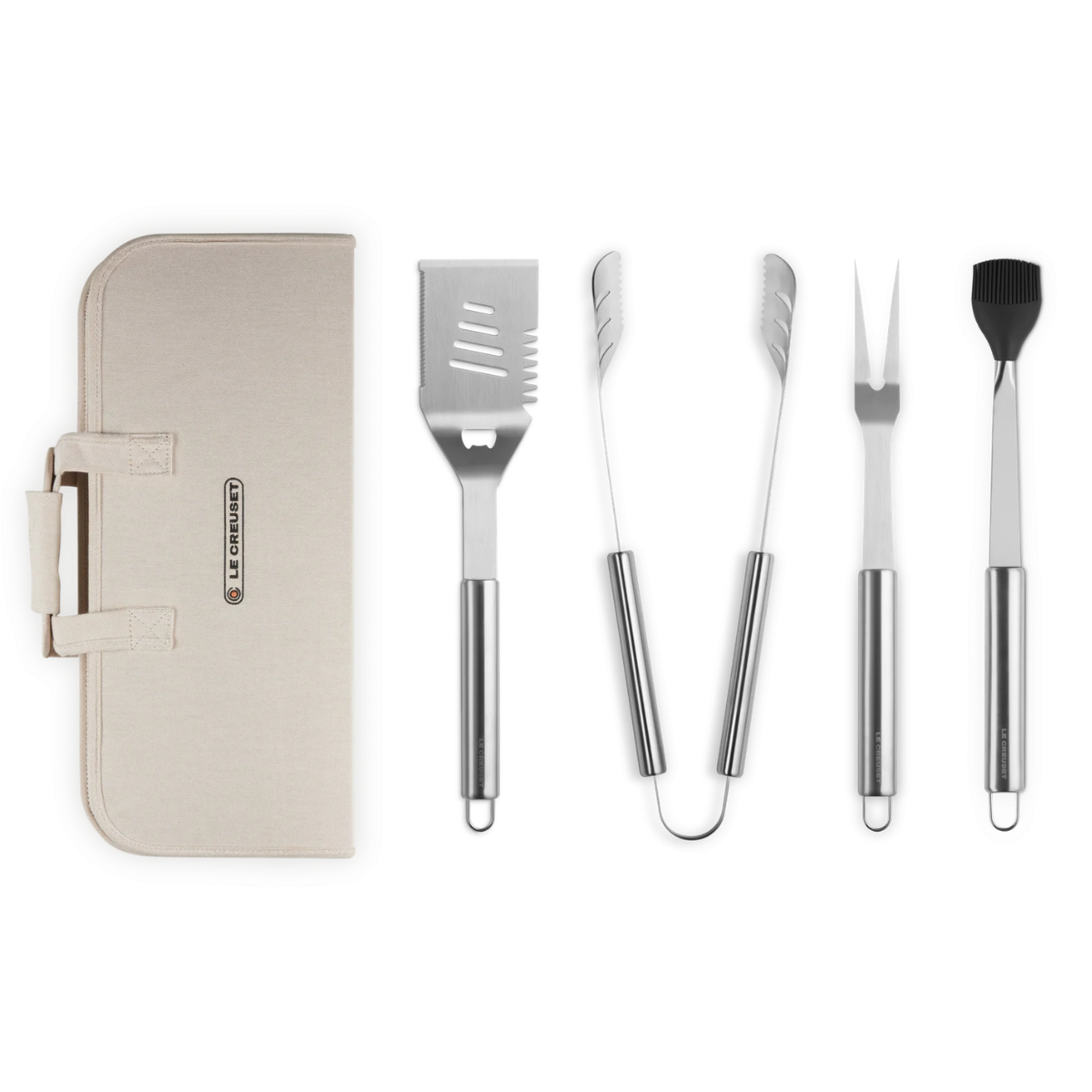 a set of 4 steel bbq tools with cream case
