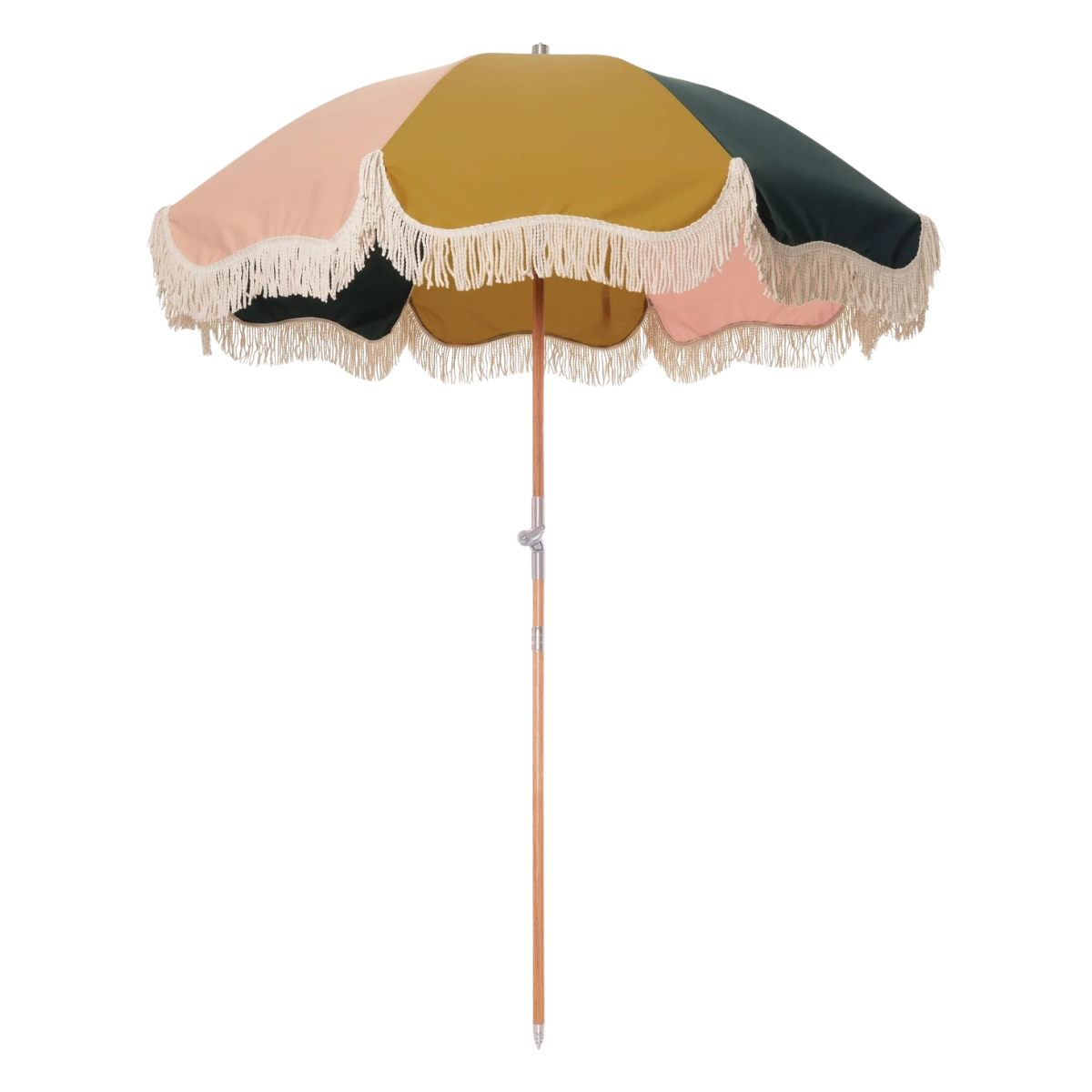 a pale pink, mustard and dark green retro stripe parasol with fringes