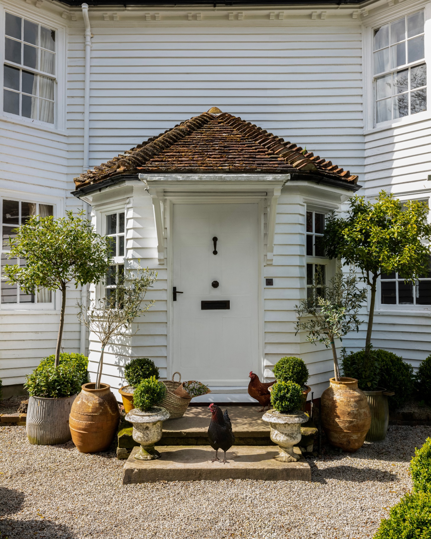 a white front door on a white wooden panelled porch, steps with chickens and lots of old terracotta pots with plants and trees either side