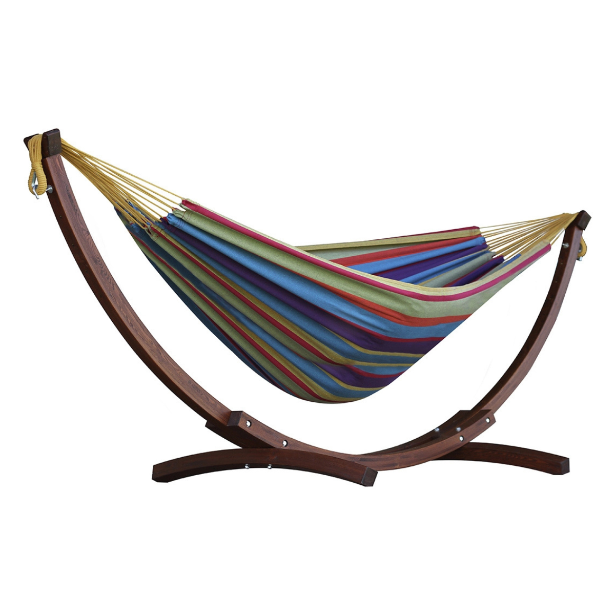 a multicoloured stripe hammock with a wooden stand