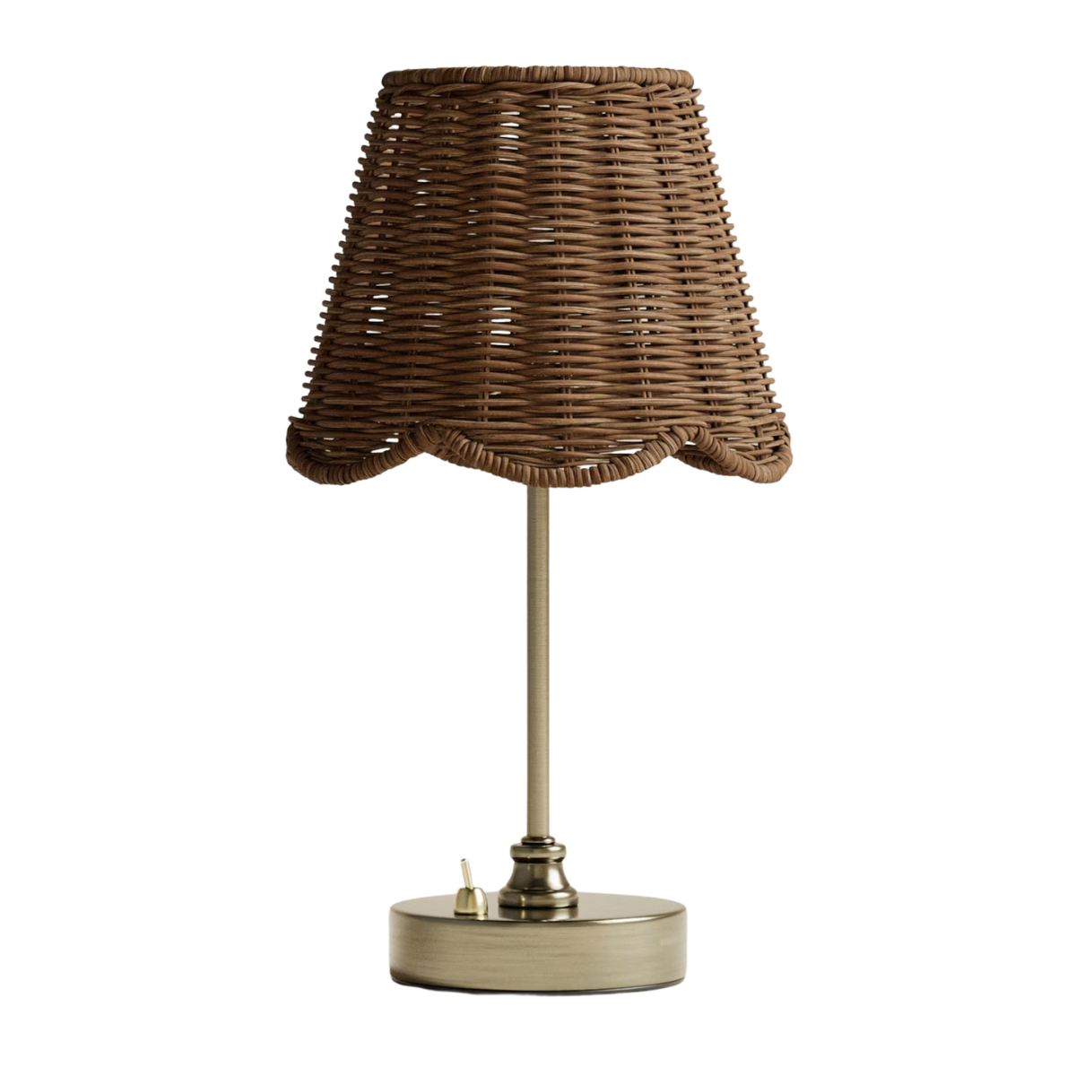 A SCALLOPED RATTAN LAMPSHADE ON A BRUSHED GOLD BASE