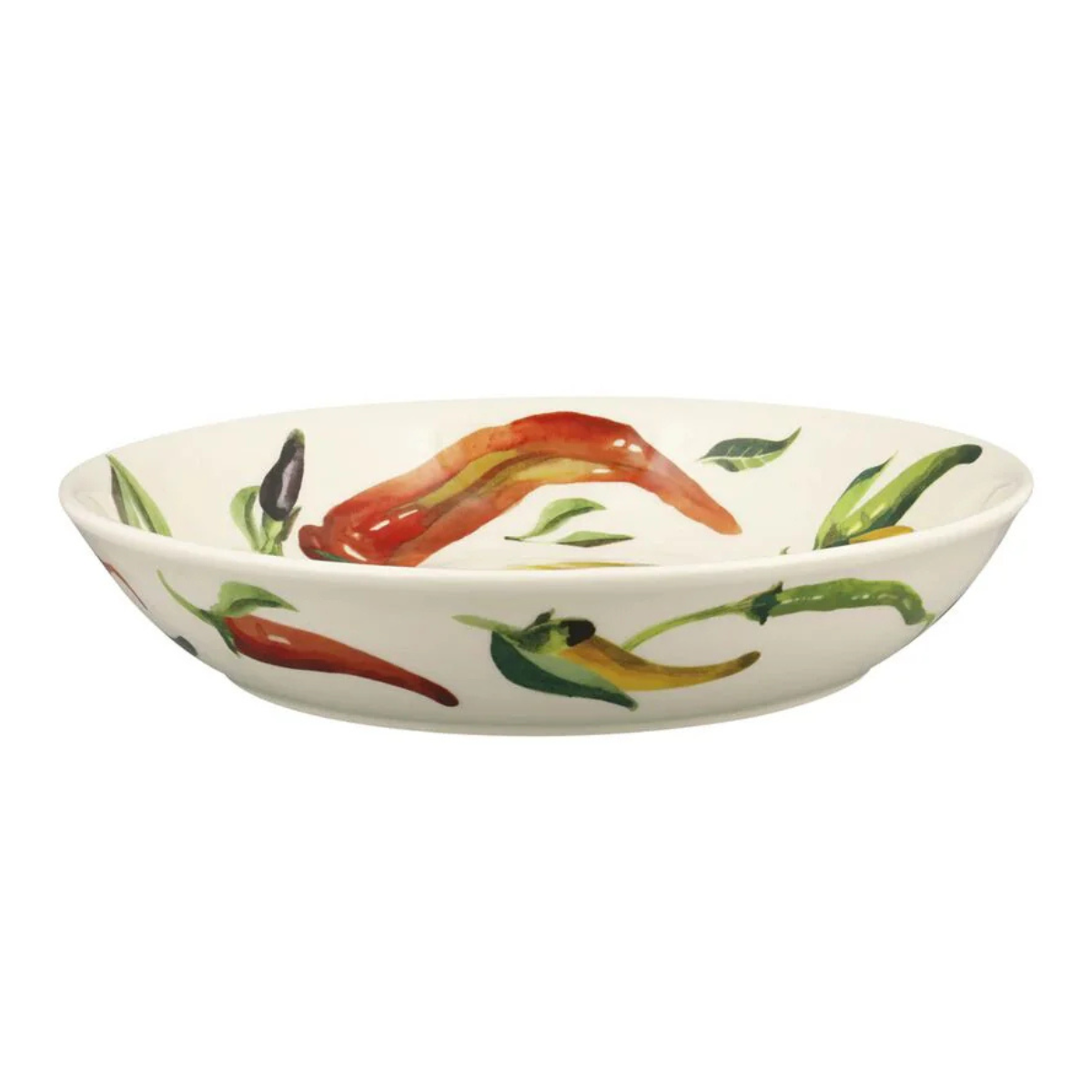 a white pasta bowl with green and red chilli illustrations