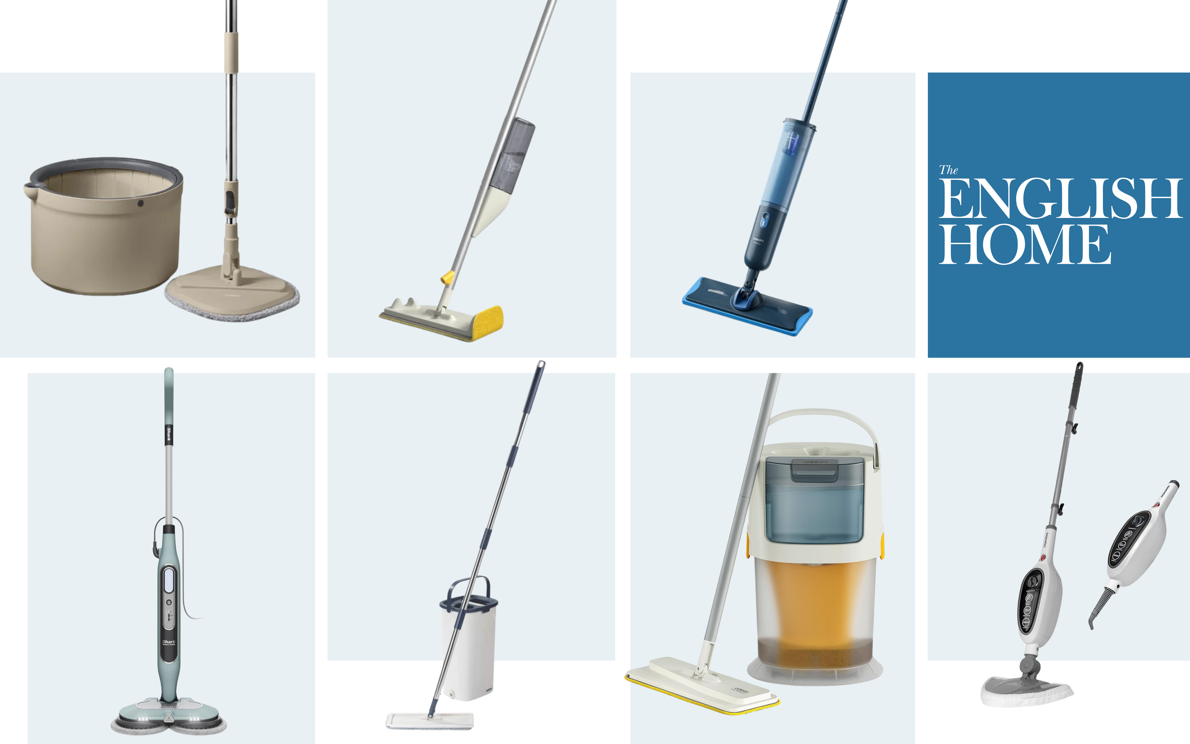 collage of 7 different mops with the english home logo