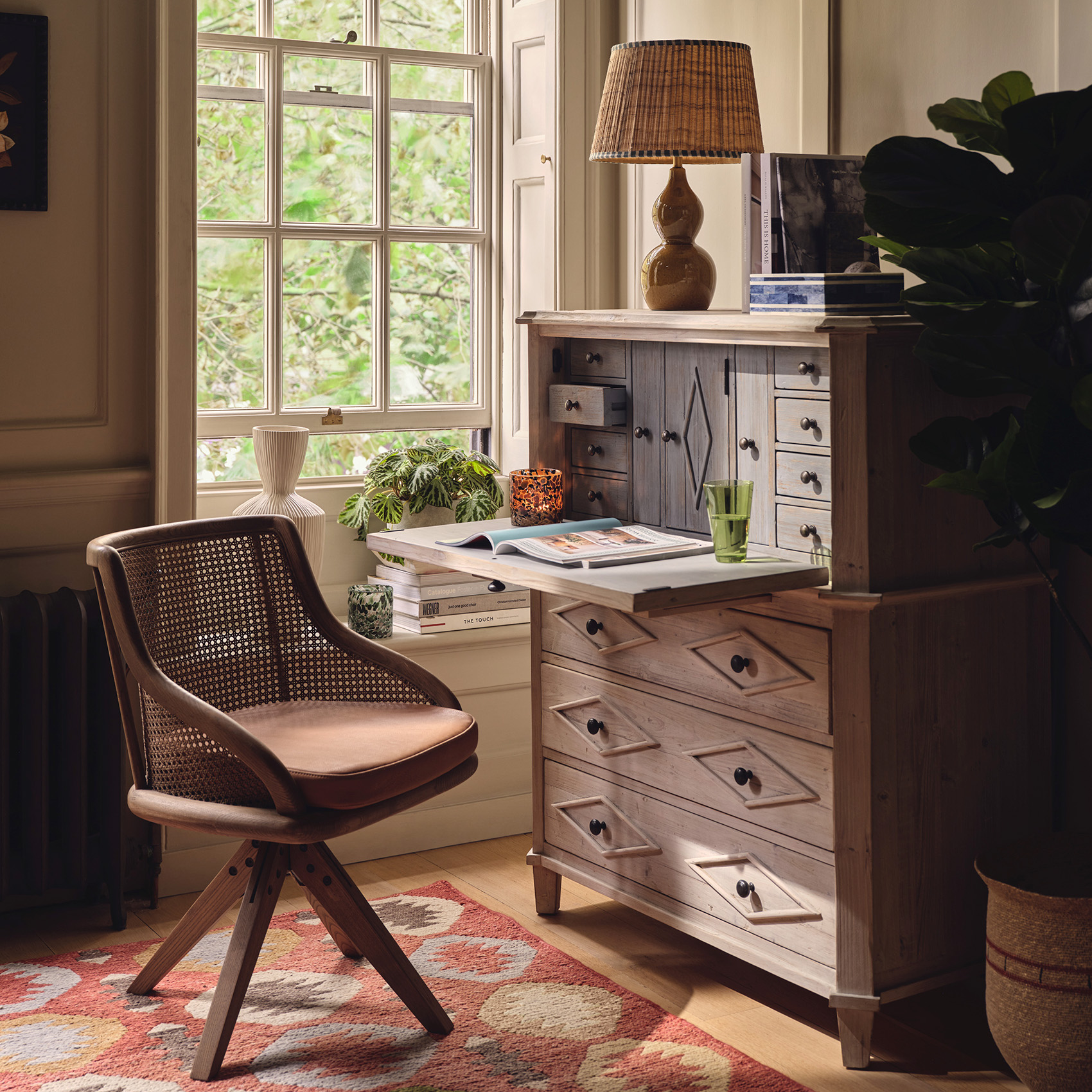 CHOICE OKA Carlos Cane Swivel Chair and Briolette Bureau