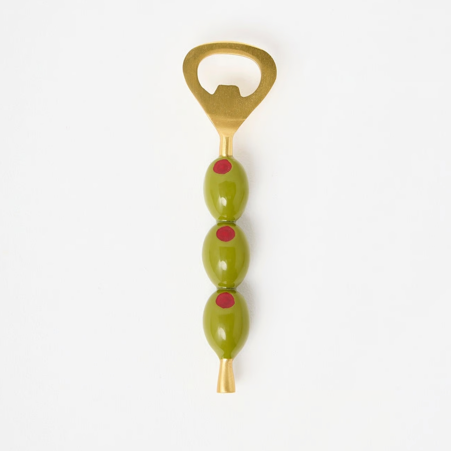 oliver bonas Olive Handle Gold Tone Bottle Opener pictured on a white background