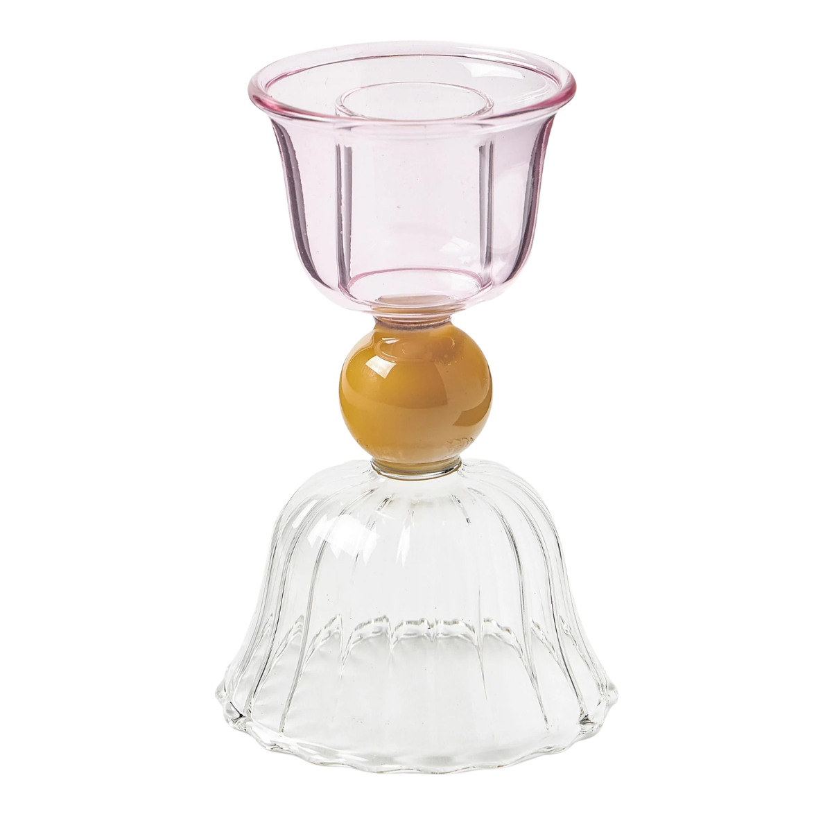 a glass candle stick holder in pale pink and mustard yellow