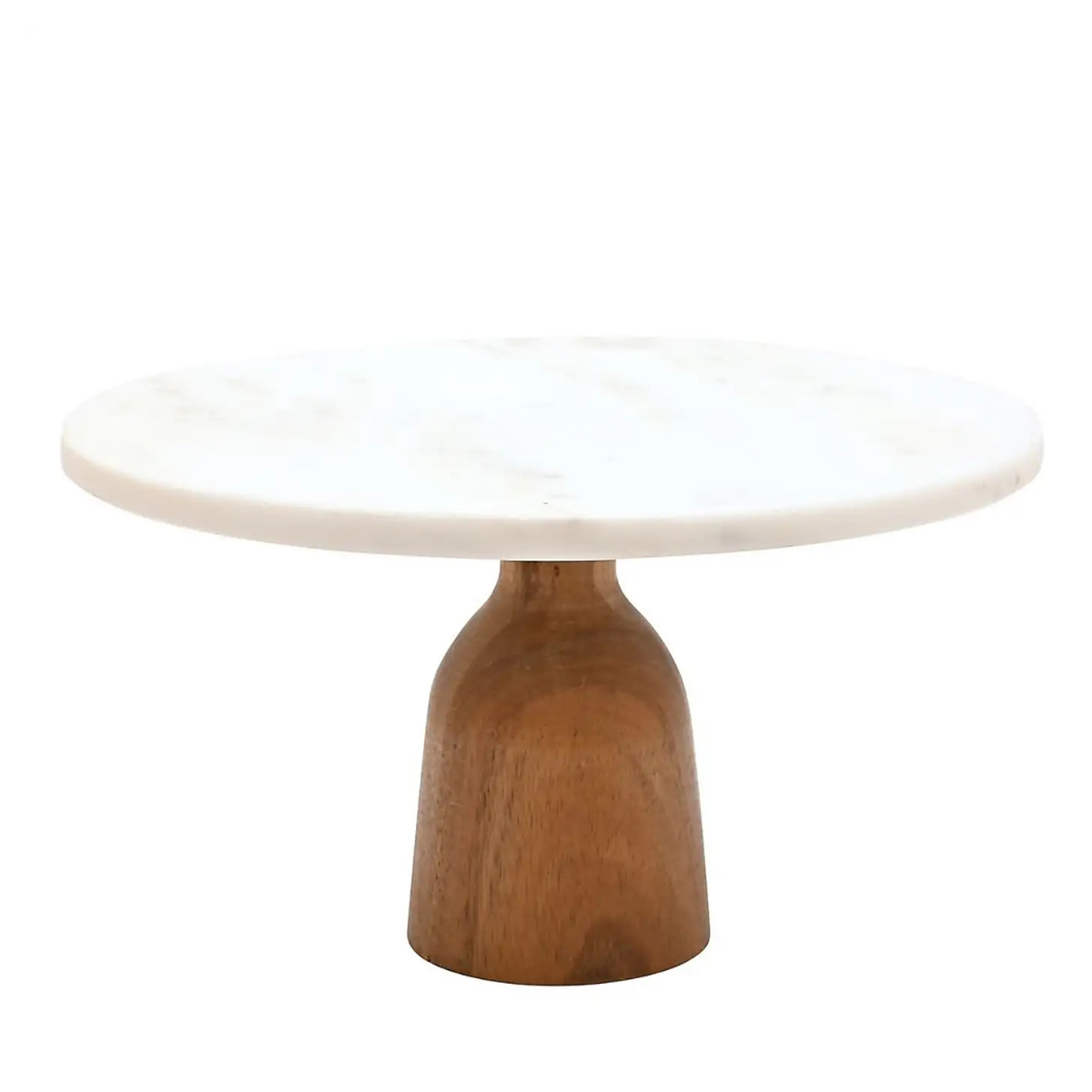 a cake stand with a wooden base and a marble top
