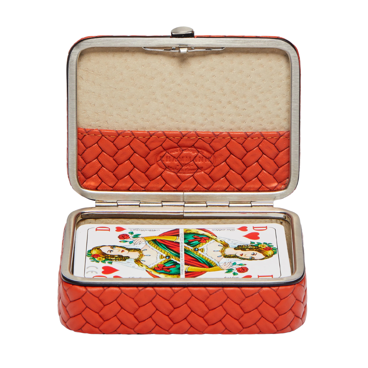An orange woven leather box with playing cards