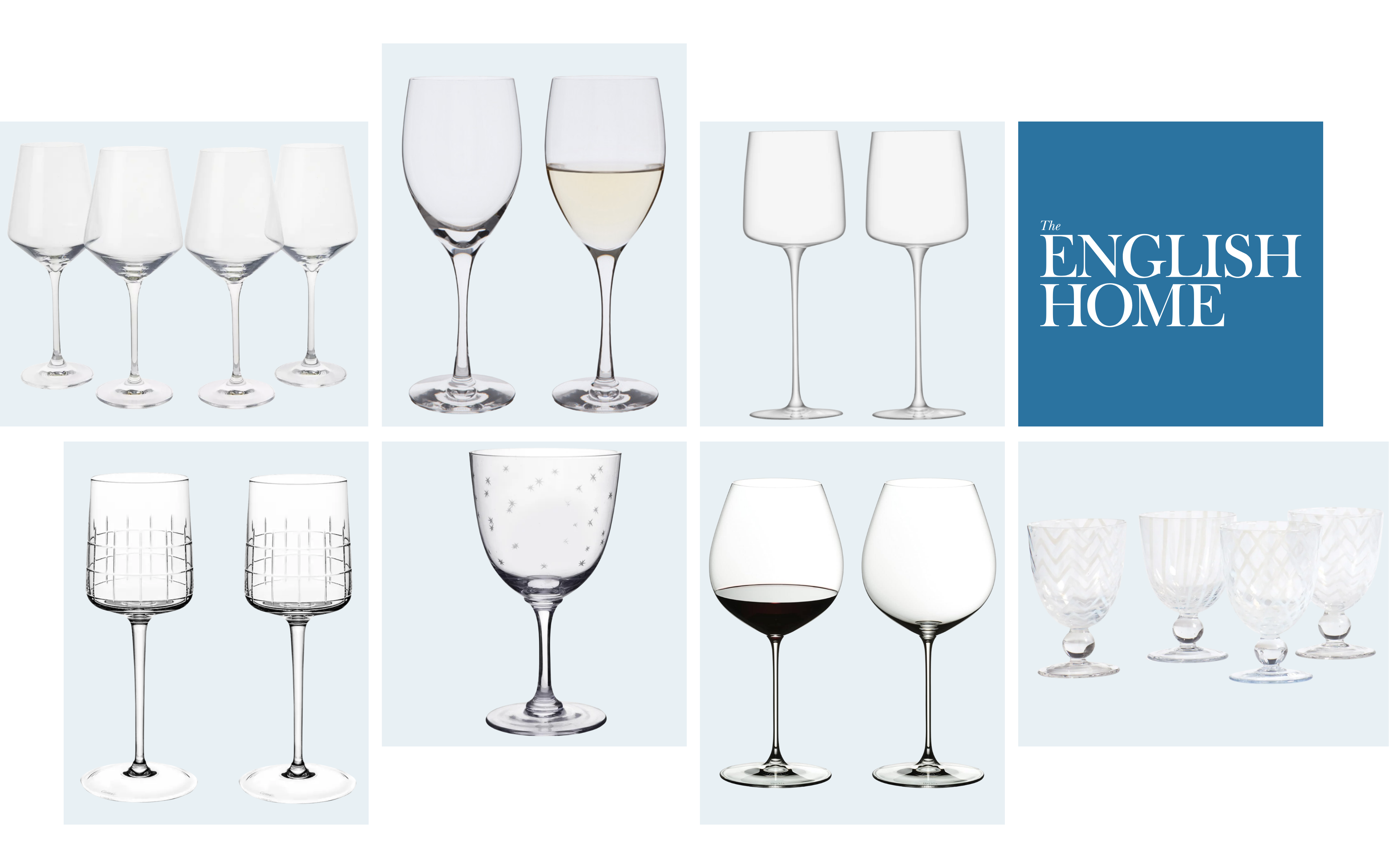 Photo collage featuring a variety of clear wine glasses, including stemware with red and white wine, modern angular bowls, etched glass patterns, and short-stemmed tumblers. Includes a blue box with white text reading "The English Home."