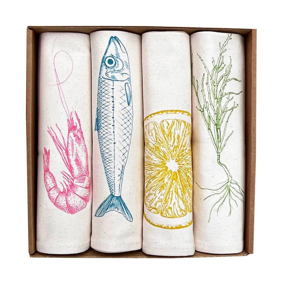 a set of 4 napkins, each with a different coloured seafood illustration in a cardboard box