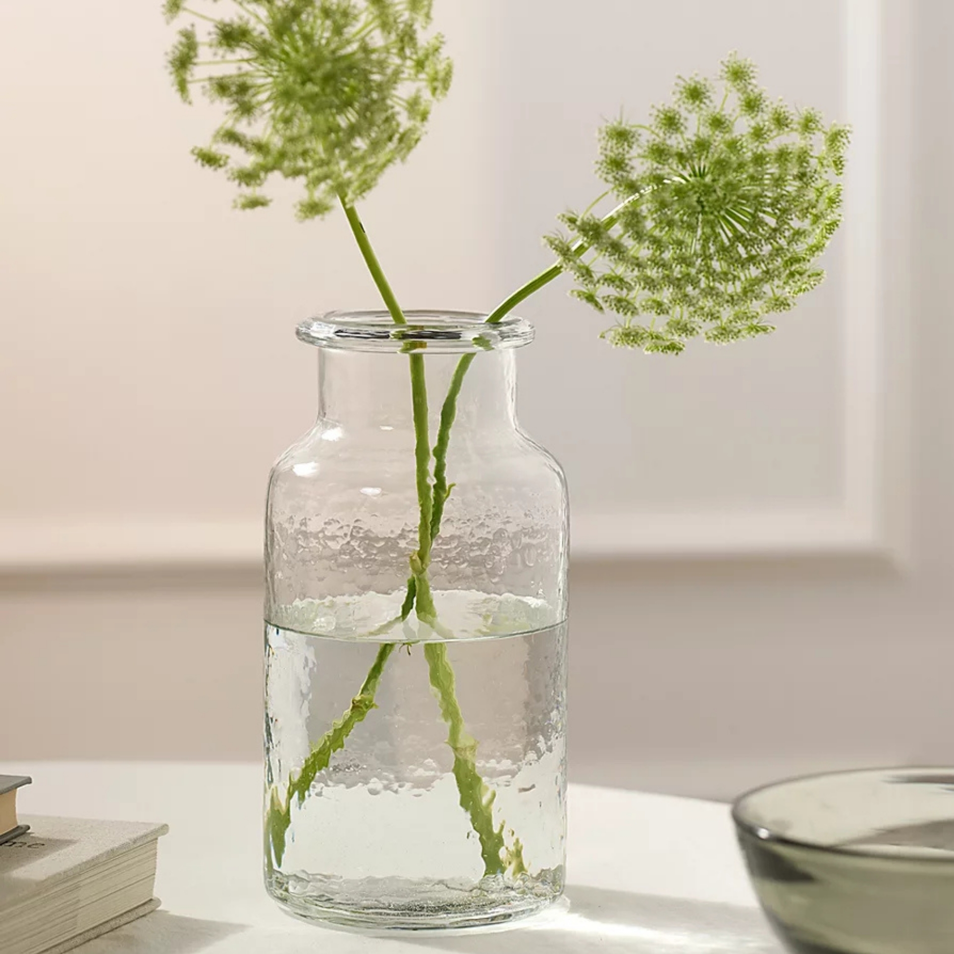 the white company glass vase Stowell Vase pictured with green flowers inside