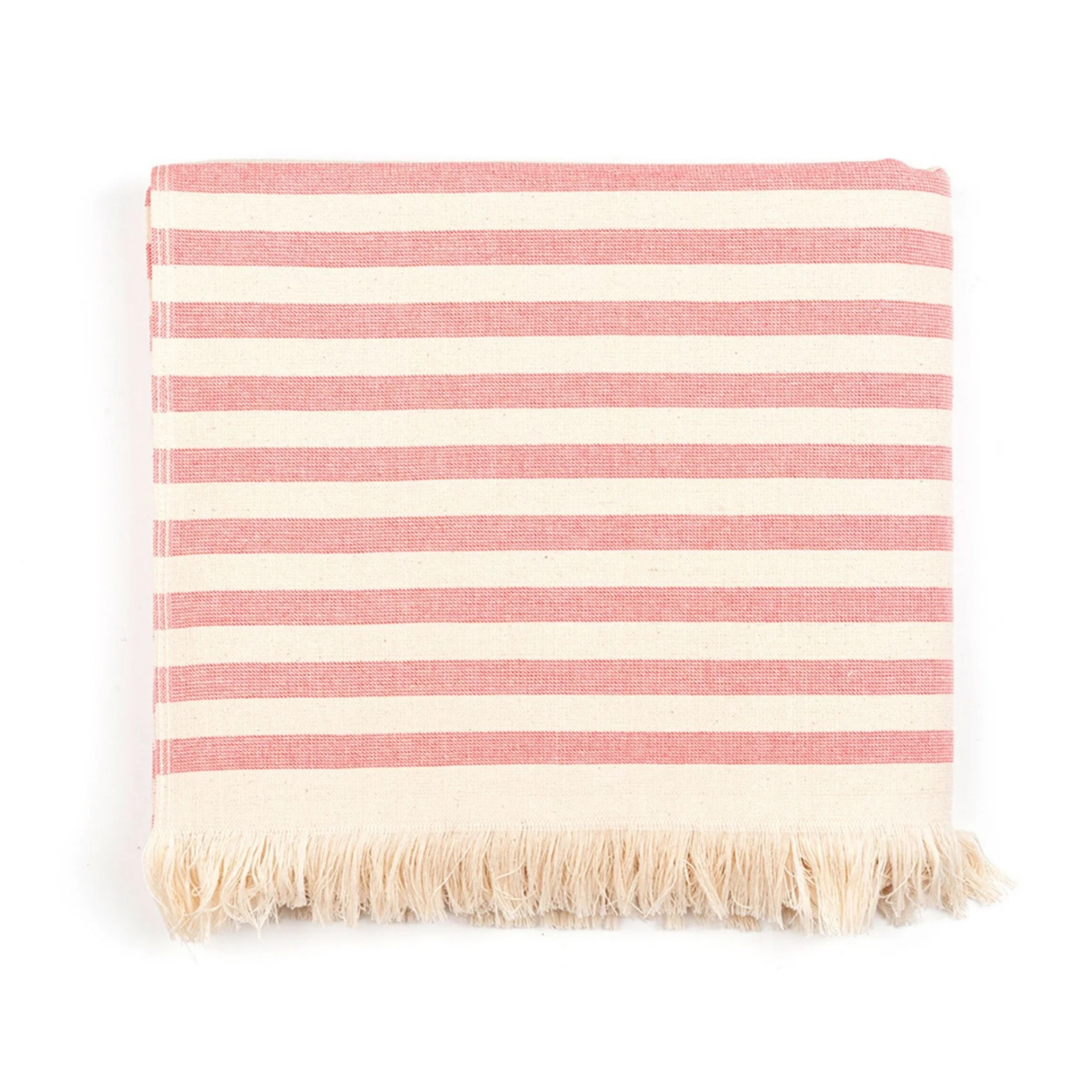 torres novas Barra Beach Towel pictured in pink and white striped fringe folded on a white background