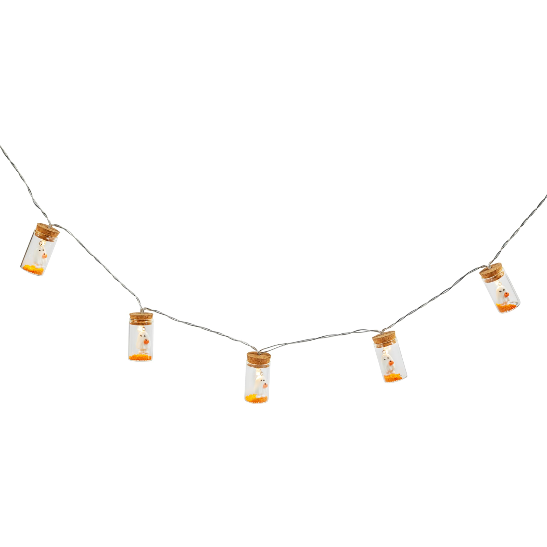 a string of small glass jar fairy lights with little white ghosts inside