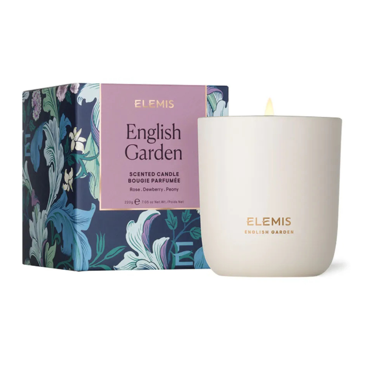 elemis english garden candle with a navy blue and purple botanical illustrated box