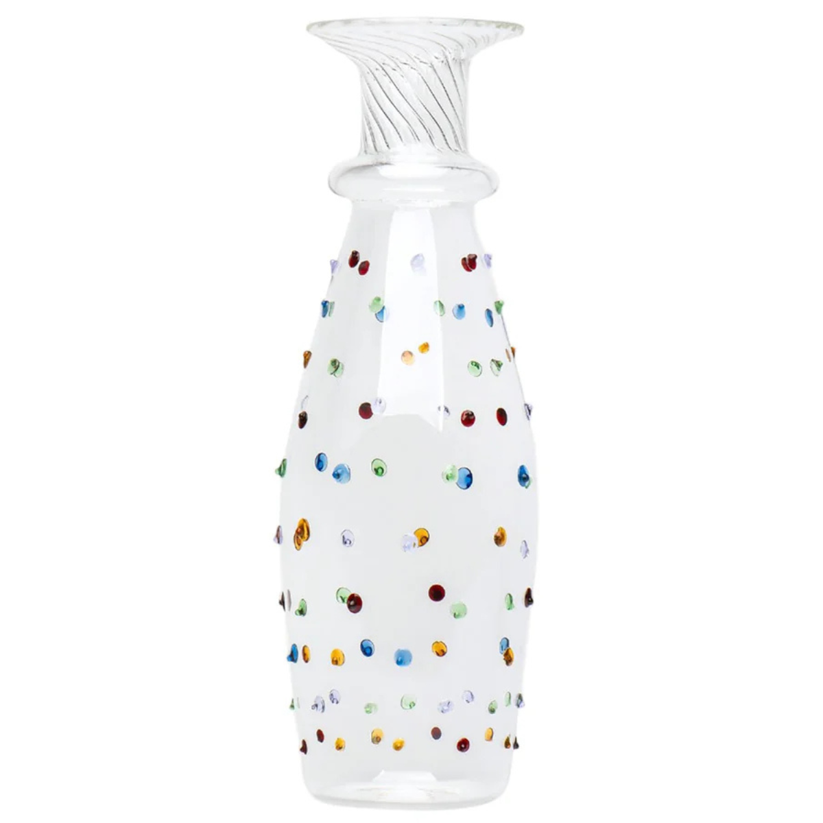 a clear glass carafe with multicoloured polka dots