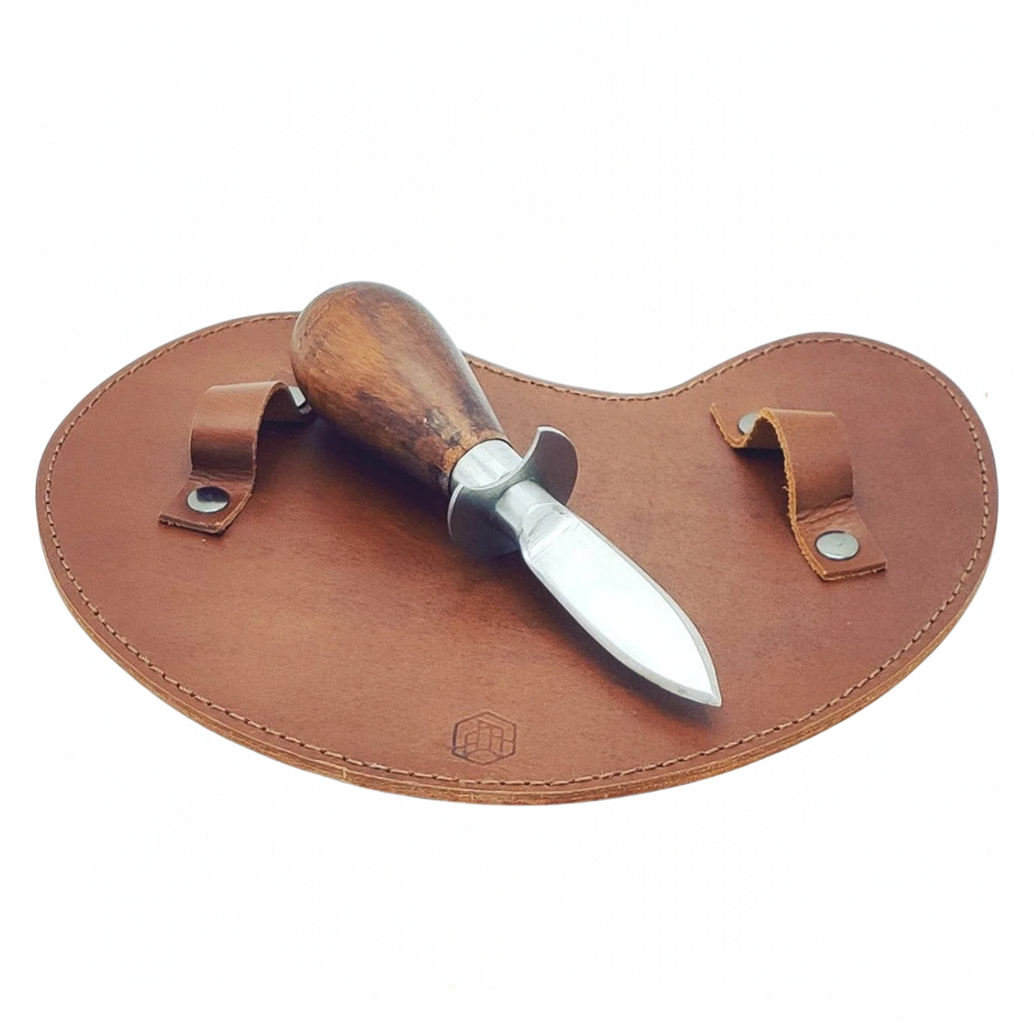 brown leather oyster knife and glove