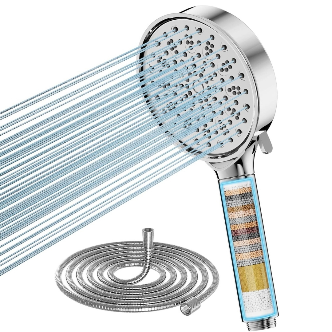 Cobbe Filter Shower Head pictured affordable hard water filter on a white background with hose